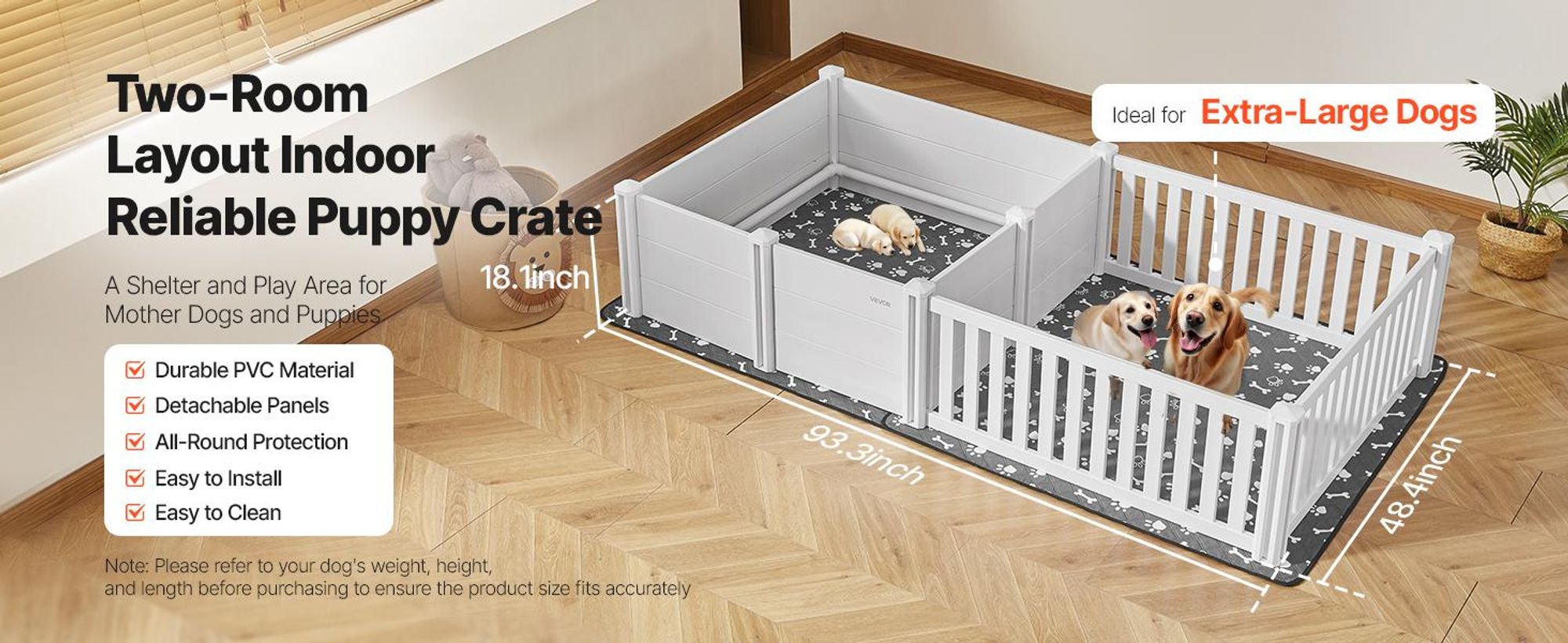 VEVOR Wurfbox für Hunde, 93,3x48,4x18,1 Zoll, Kunststoff PVC Welpen-Spielbereich mit höhenverstellbarem Tür und waschbarem Urinpad, 2-Raum-Layout Indoor-Welpen-Spielgehege für sehr große Hunderassen, Milchweiß, 237x123x46 cm