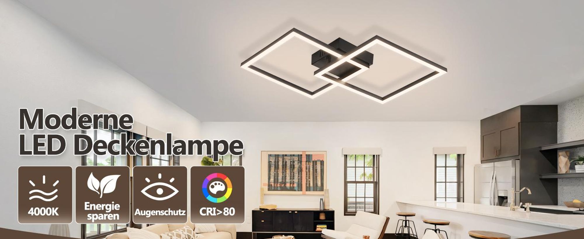 Plafonnier LED ZMH pour chambre à coucher, 24 W, noir ; lampe de salon, 4000 K, blanc neutre ; lampe de cuisine ; plafonnier rectangulaire ; plafonniers pour cuisine et couloir