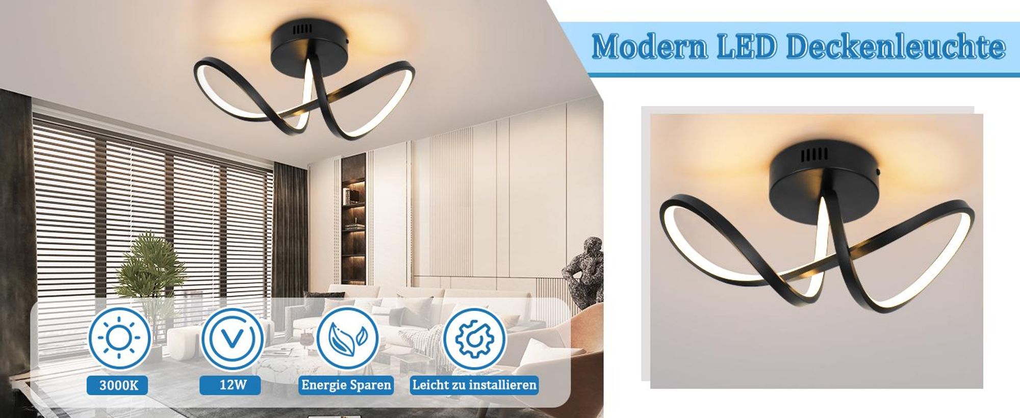 ZMH Deckenleuchte Wohnzimme Deckenlampe Schlafzimmer Modern Wohnzimmerlampe Schwarz 12W Design Küchenlampe 3000K Warmweiß Innen Deckenbeleuchtung LED