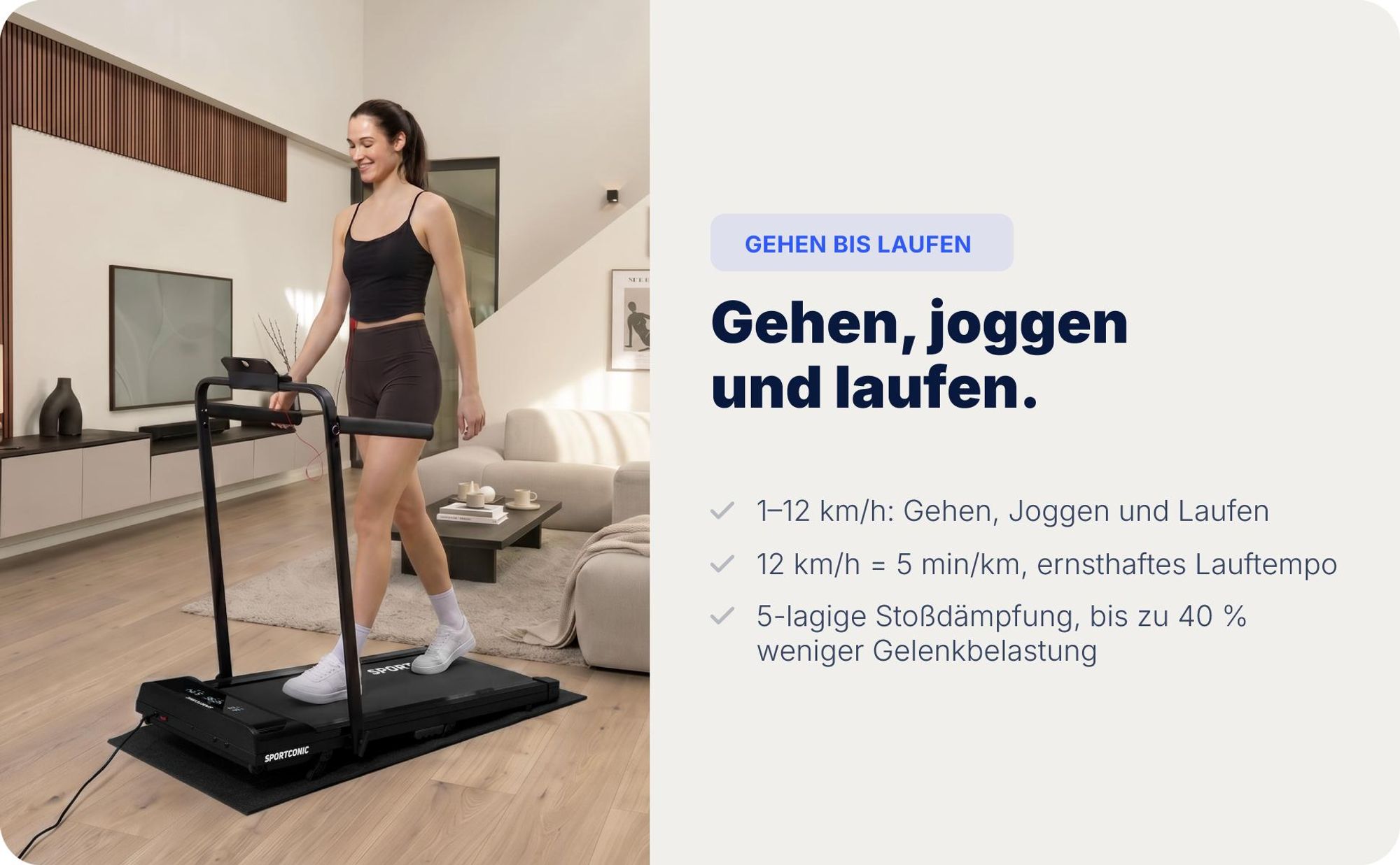 Sportconic Elektrisches Laufband 12 km/h, Klappbares Walking Pad Zuhause & Büro, 9 % Steigung, LED-Display, Tablet-Halter