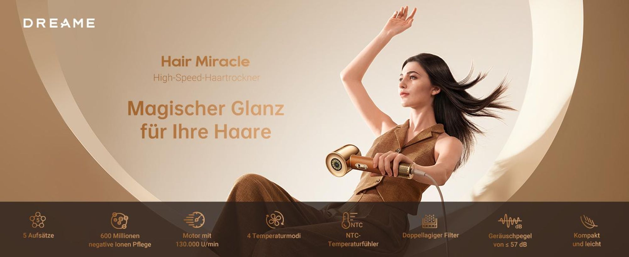 Dreame Miracle Haartrockner, 5 Aufsätze,Schnelltrocknend,600M negative Ionen,130K U/min Hochgeschwindigkeitsmotor, Leichtgewicht,57 °C,Ledergriff