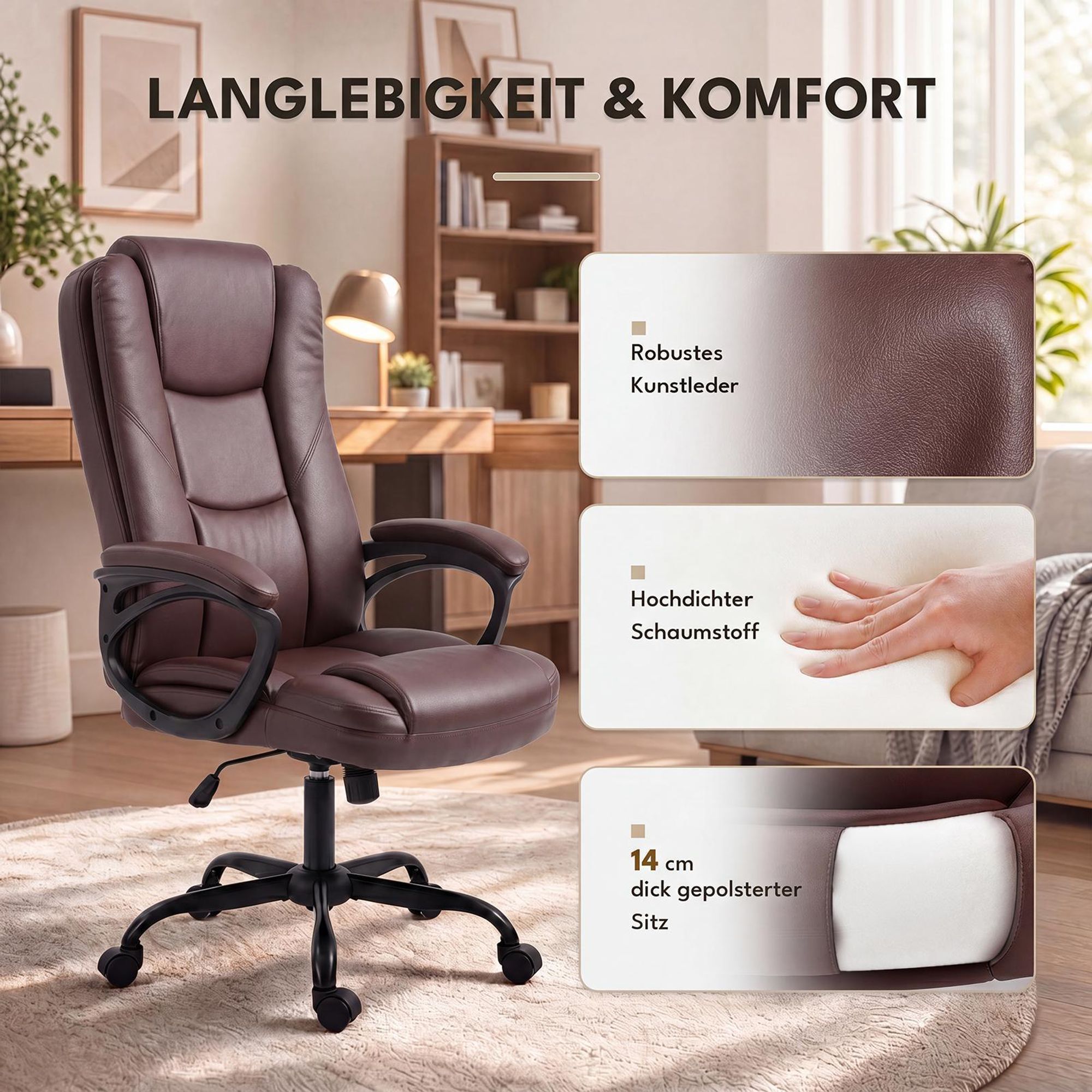 Robuster Kunstleder-Bürostuhl mit Hochdichteschaumstoff & 14cm dicker Sitzpolsterung
