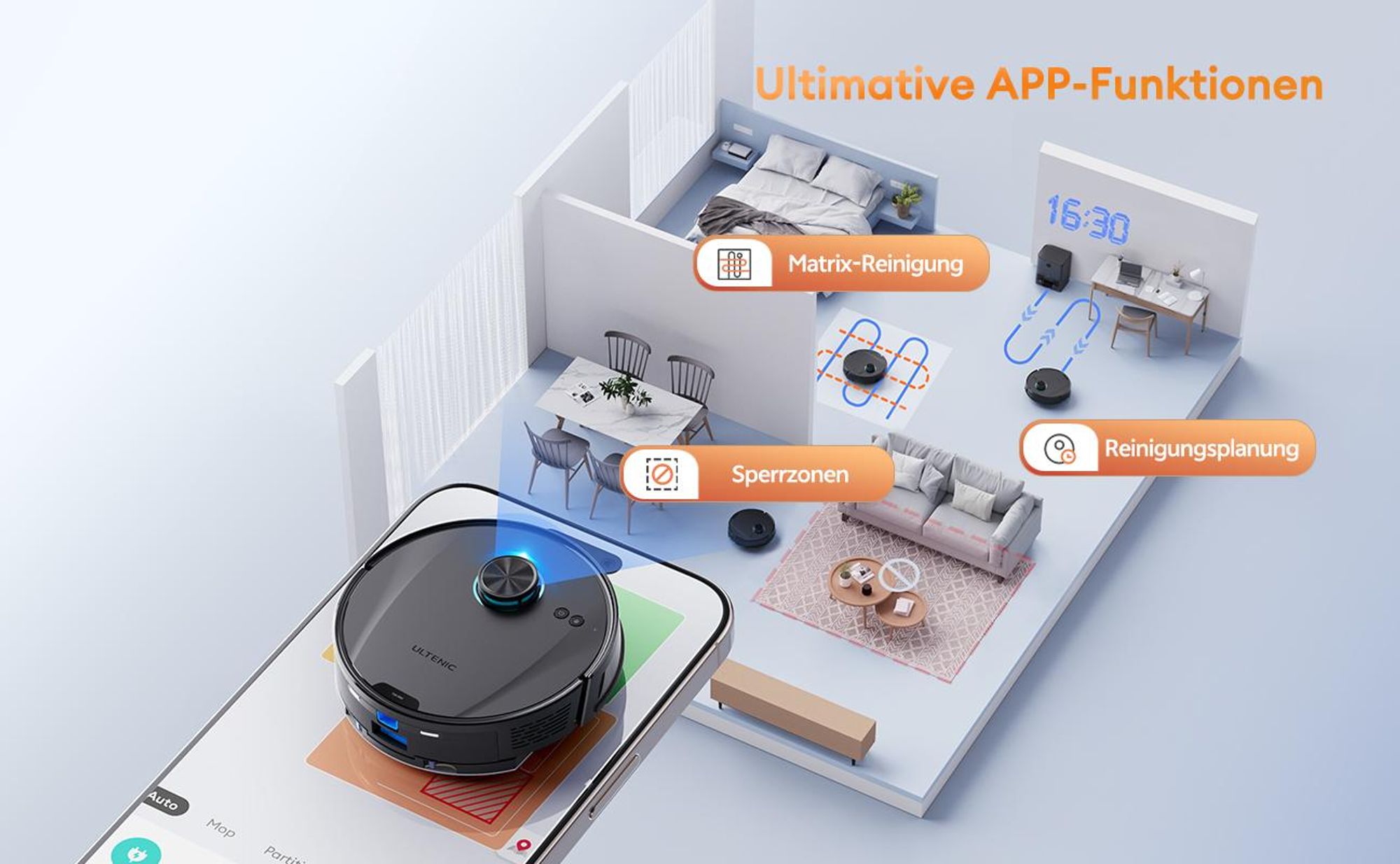 Ultenic ULT20P Staubsauger Roboter mit Absaugstation 4L, 200 Min. APP-Steuerbarer Saugroboter mit Wischfunktion 8000 Pa mit Laser-Hindernisvermeidung