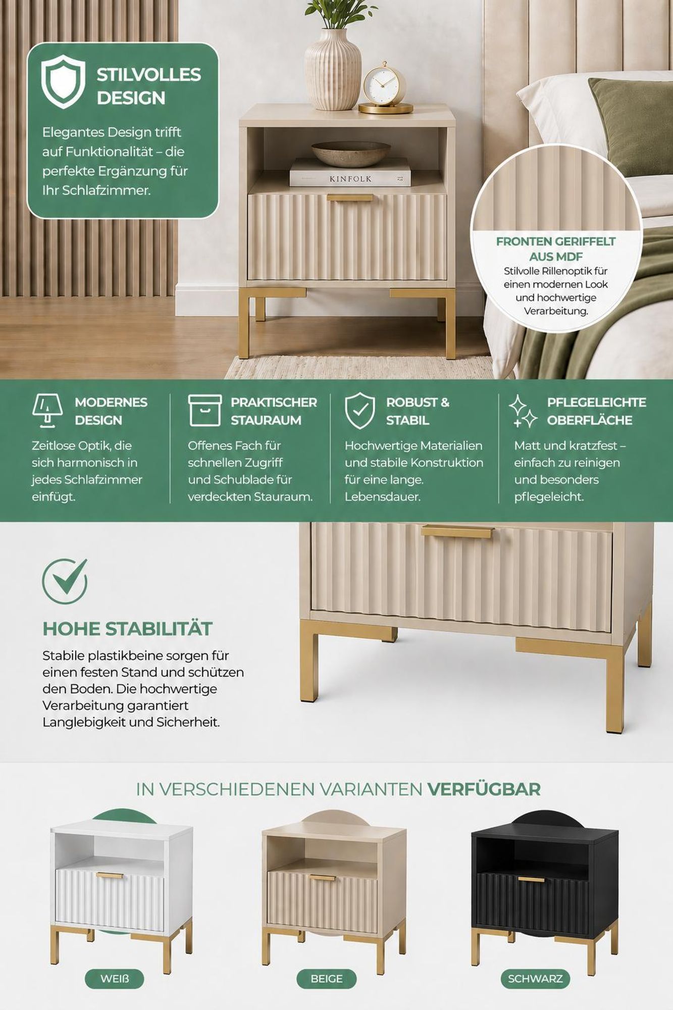 Nachttisch Kaschmir Beige 42x30x45 cm mit 1 Schublade – Moderne Nachtkommode mit geriffelter Front, Glamour Stil