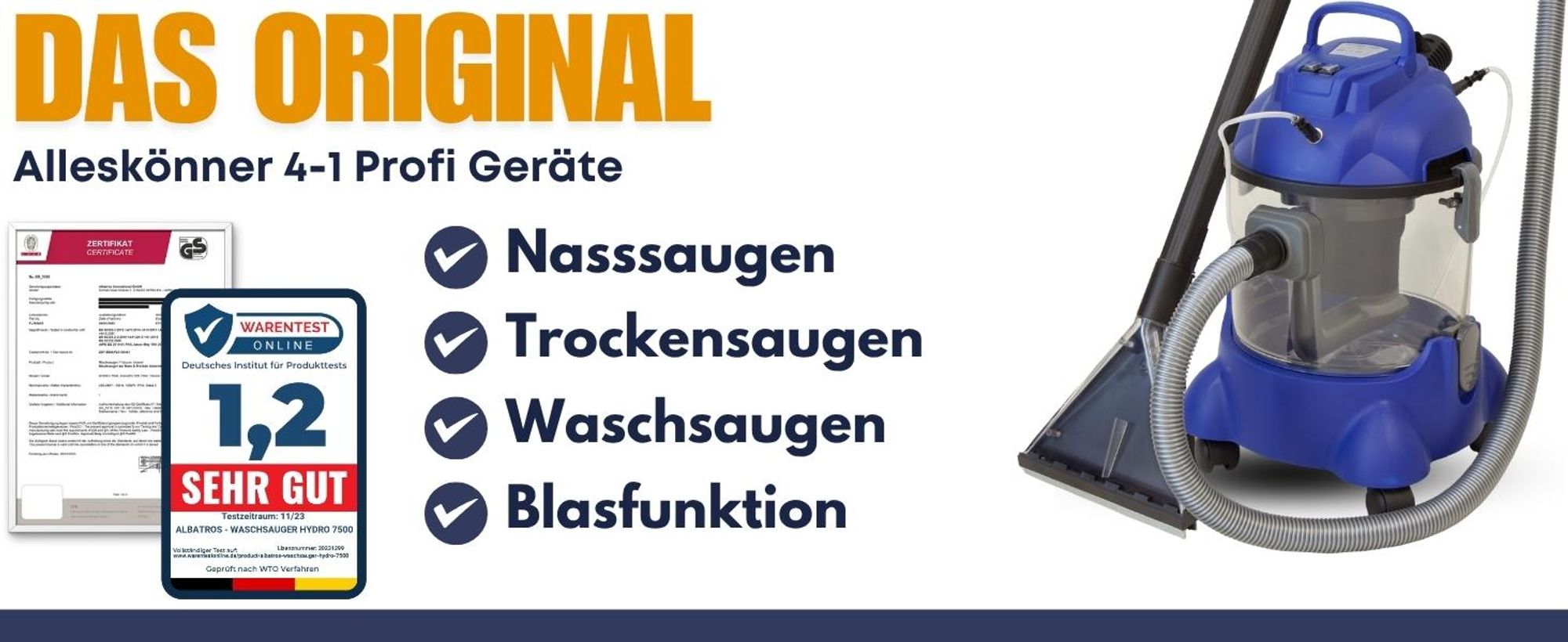 Waschsauger Polster + Teppich HYDRO 7500 inkl. 1l Shampoo - 4in1 Nass Trockensauger 1200 Watt 20l Volumen 16 kPa Saugleistung - Polsterreiniger Reinigungsgerät Professionellen Aufbereitung