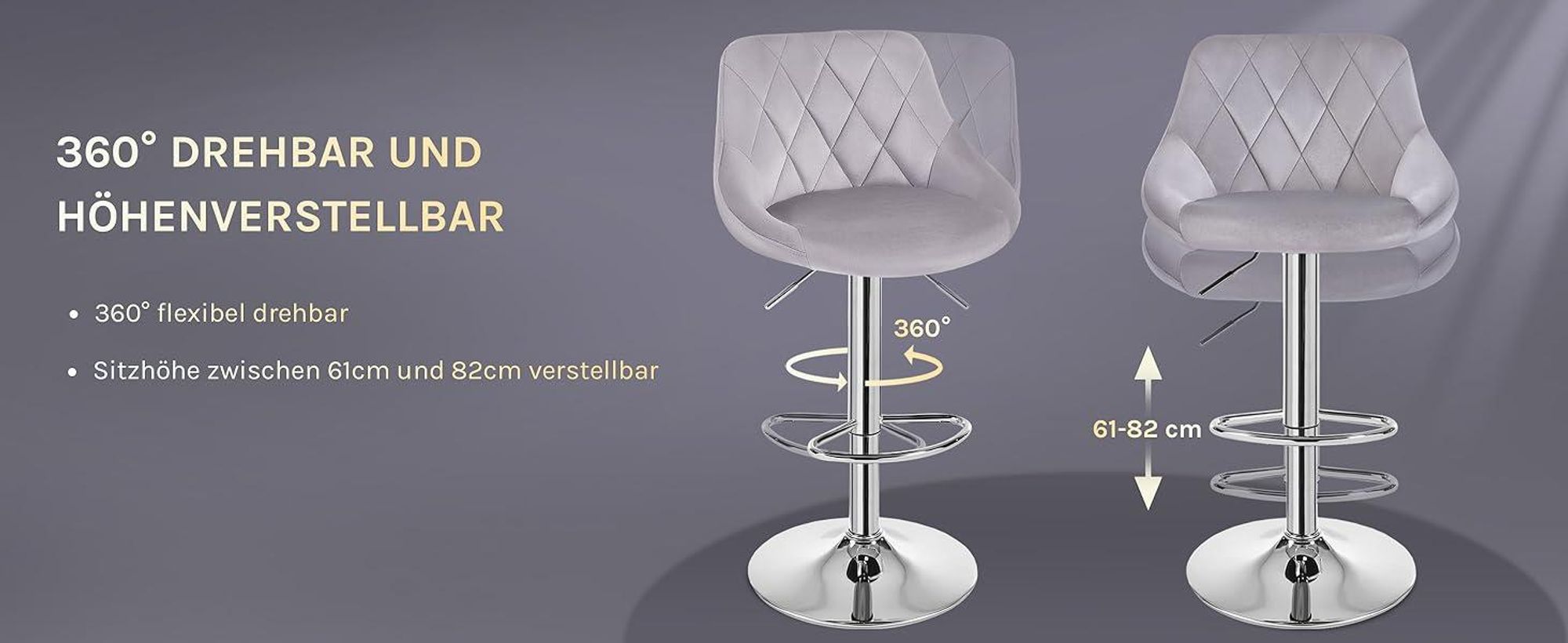 WOLTU 2er-Set Barhocker Barstuhl mit gepolsterter Sitzfläche aus Samt , höhenverstellbar drehbar, Hellgrau