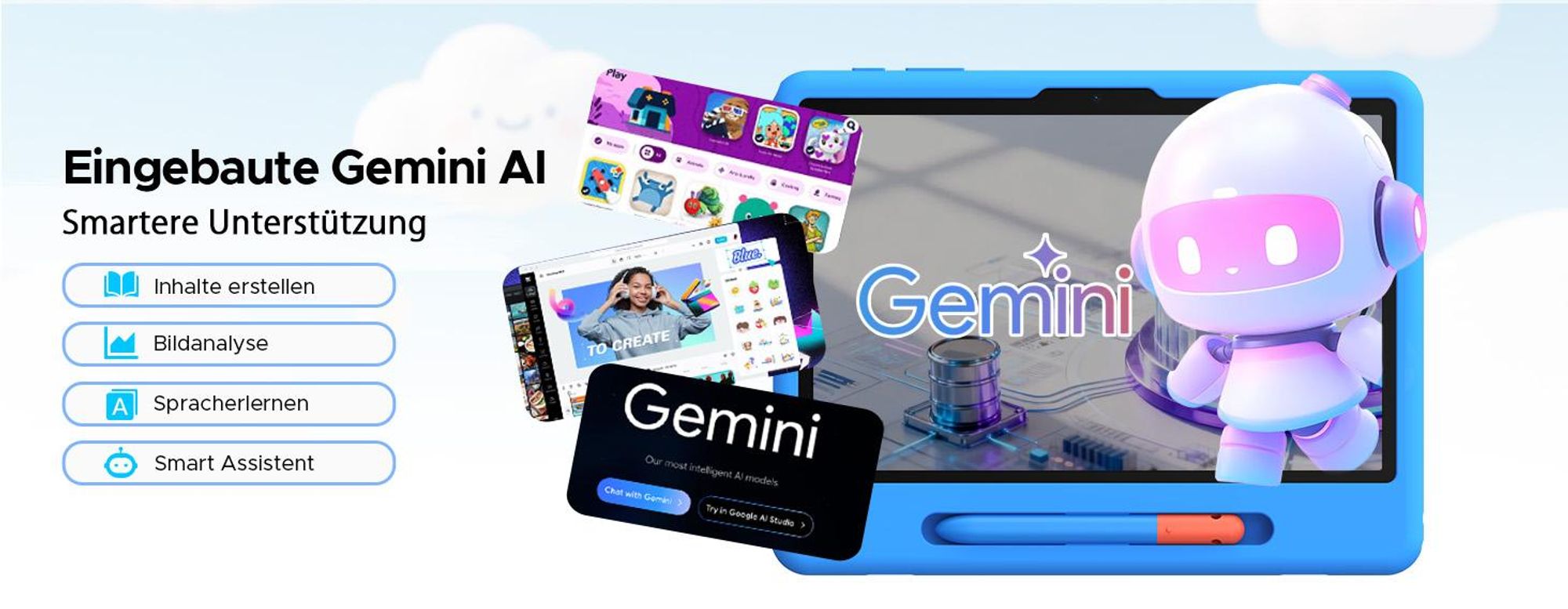POCKAM P10 Kids 10.1" Tablet, Gemini AI, Android 16, 32(6+26)GB RAM+64GB ROM/TF 2TB, 7000mAh, WiFi Tablet für Kind mit Kindgerechte Hülle und Stift