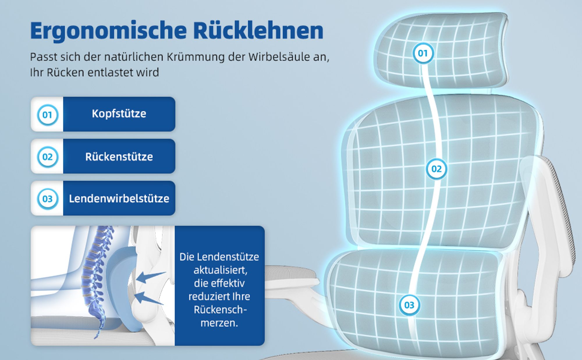 Aiibot Bürostuhl Ergonomisch Schreibtischstuhl Verstellbarer Kopfstütze Umklappbare Armlehnen Lordosenstütze Drehstuhl Chefsessel Wippfunktion 150kg