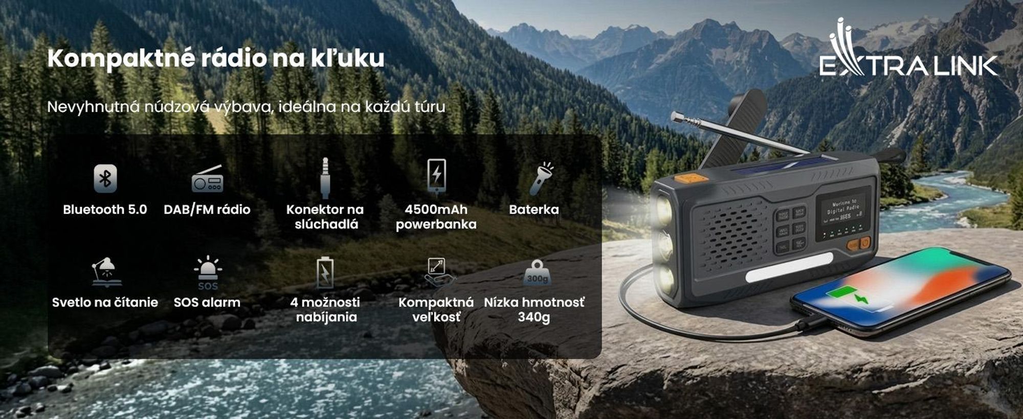 Extralink Núdzové rádio DAB/FM, solárne, dynamo, 4500 mAh, Bluetooth a SOS