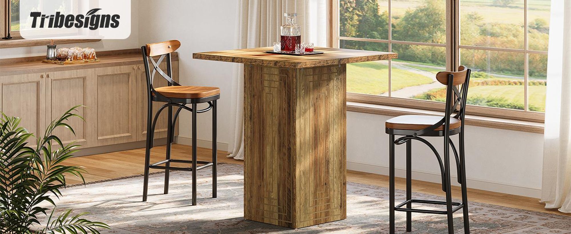 Tribesigns quadratischer Bartisch, 79 cm, Holz, Hausbar mit geometrischer Textur, Stehtisch im Landhausstil für Esszimmer, Küche, rustikales Braun