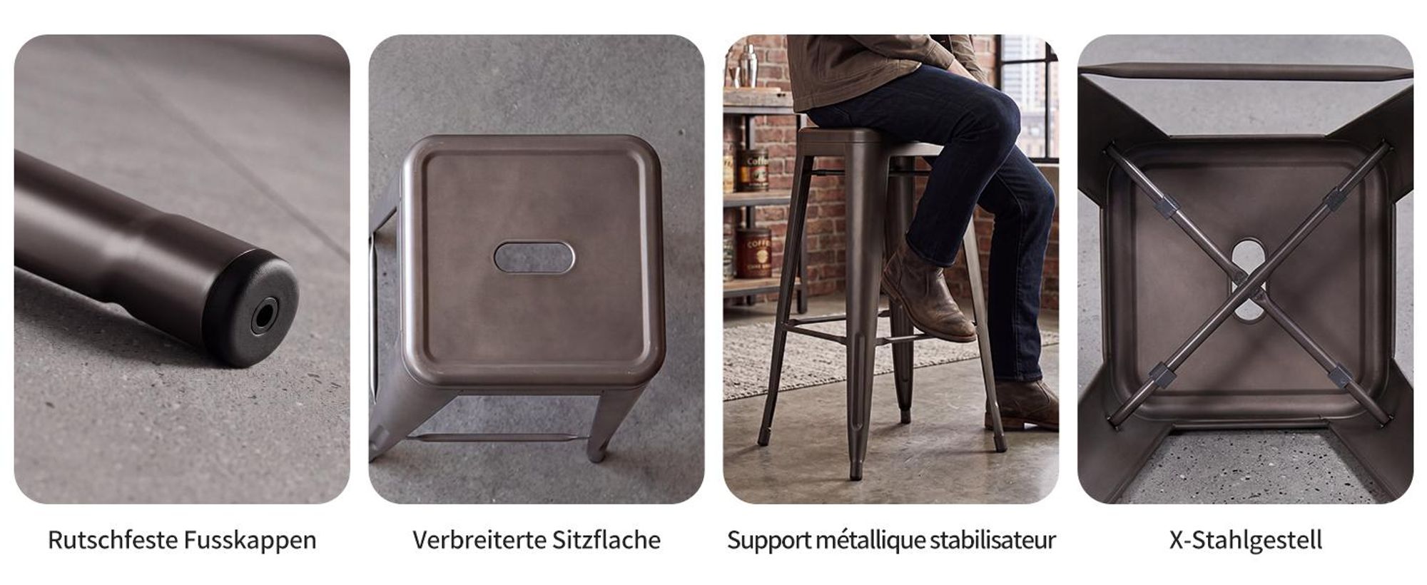 4 tabourets métalliques, couleur au choix, aspect vieilli, assise en bois, tabourets de bar empilables, couleur : brun mat/métallisé, matériau : métal