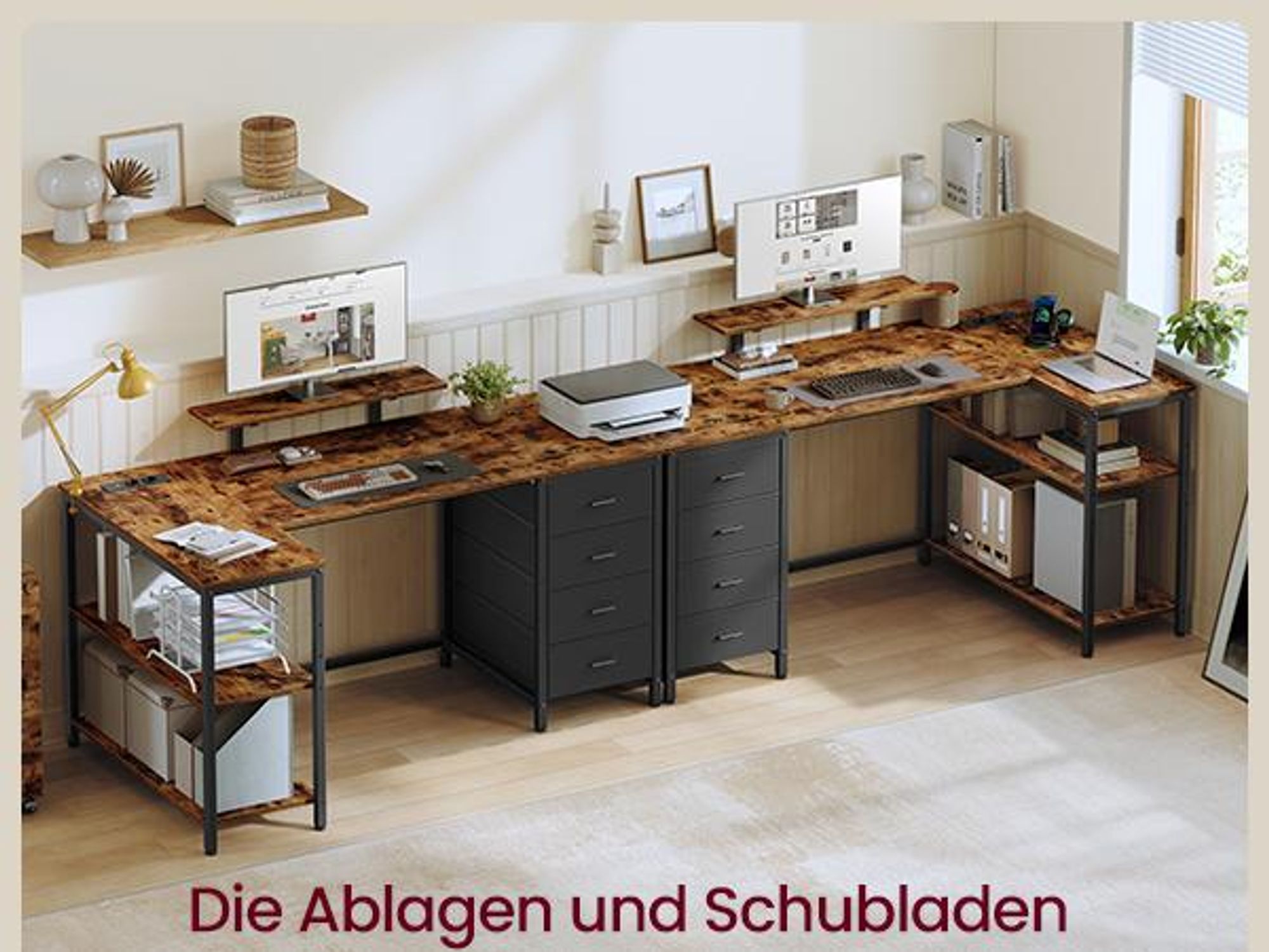 VASAGLE L-förmiger Eckschreibtisch mit USB-Anschlüssen, Computertisch, 2 Ablagen, 4 Schubladen, 140 x 80 cm, braun
