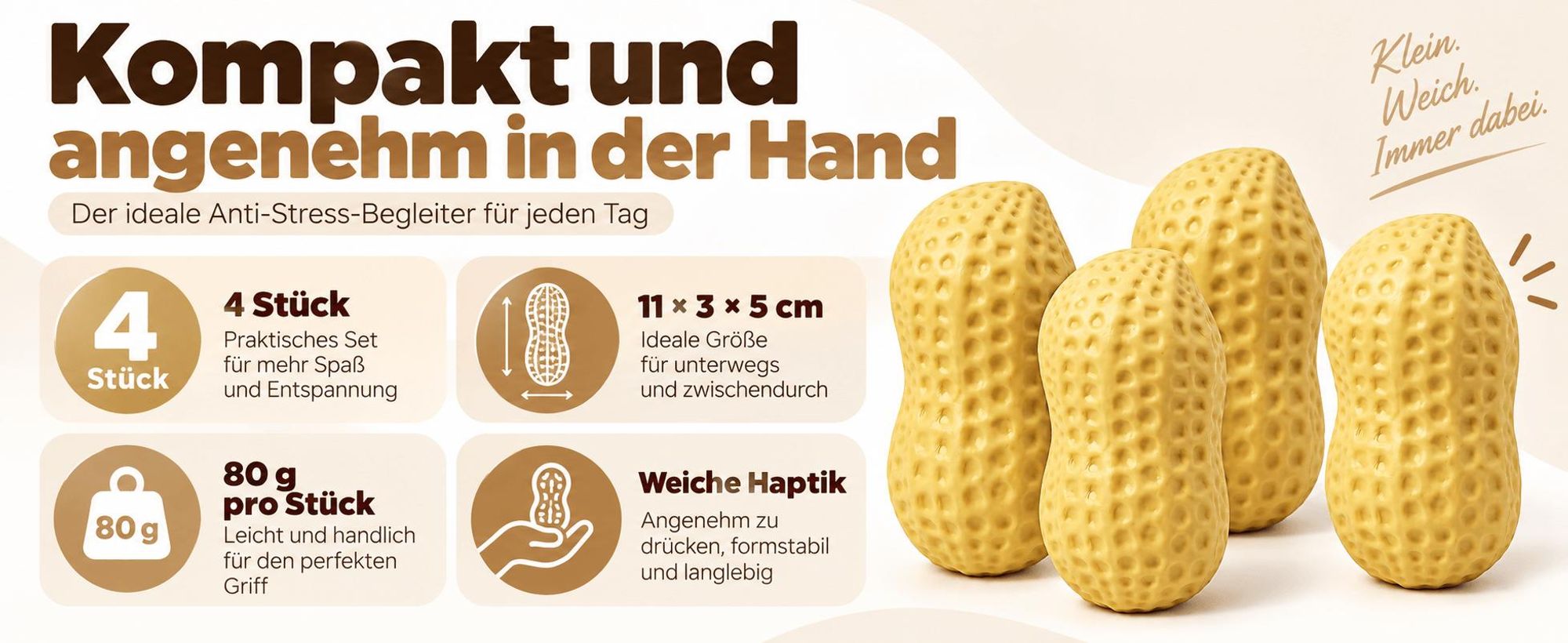 4er Set Erdnuss Squishy, weiches Anti-Stress Quetschspielzeug, Peanut Squeeze Toy, Fidget Spielzeug für Schule Büro Zuhause