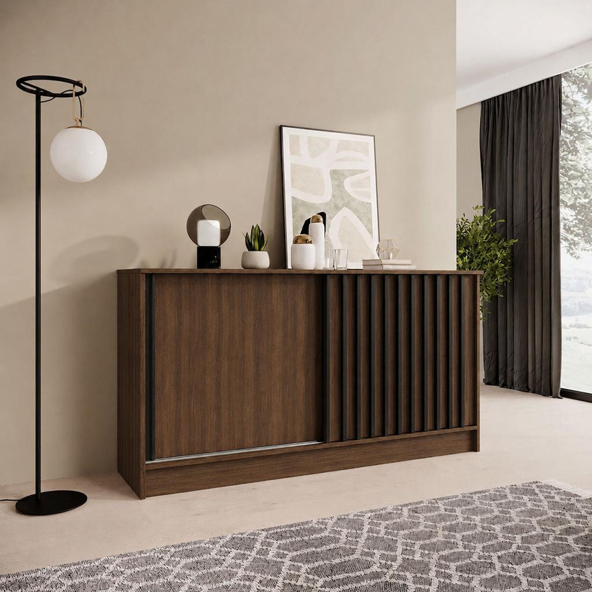 BEAUTYSOFA | Kommode HORIZON 160 cm Warmia Walnuss, Schwarz mit Lamellen Sideboard mit 2 Schiebetüren, Modernes Design, viel Stauraum