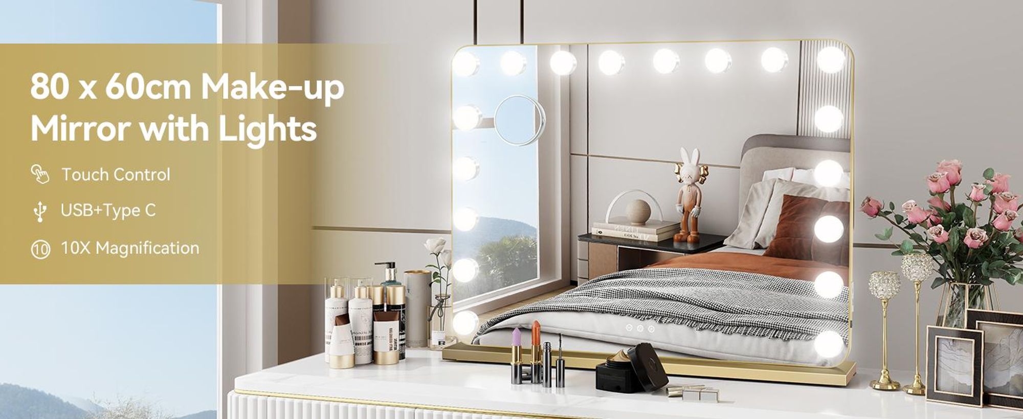Puluomis cosmetische spiegel, make-upspiegel, 80x60 cm, Hollywood-stijl, dimbaar met 18 LED-lampen, 3 kleuren, 10x vergroting, wandspiegel, goudkleurig, met afgeronde hoeken