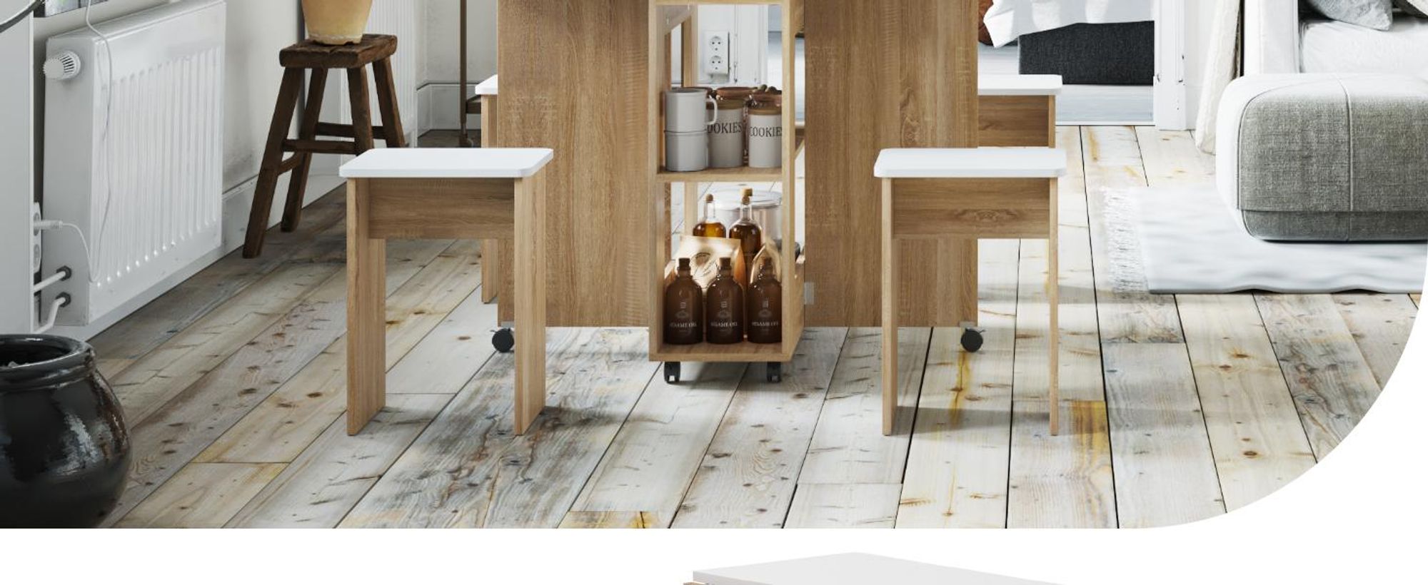 Mondeer Esstisch mit 4 Hockern Platzsparend (120x80→33x80cm), Rollbar mit Bremsen, 3-in-1 Funktion & Schnell Aufgebaut Eiche und Weiß