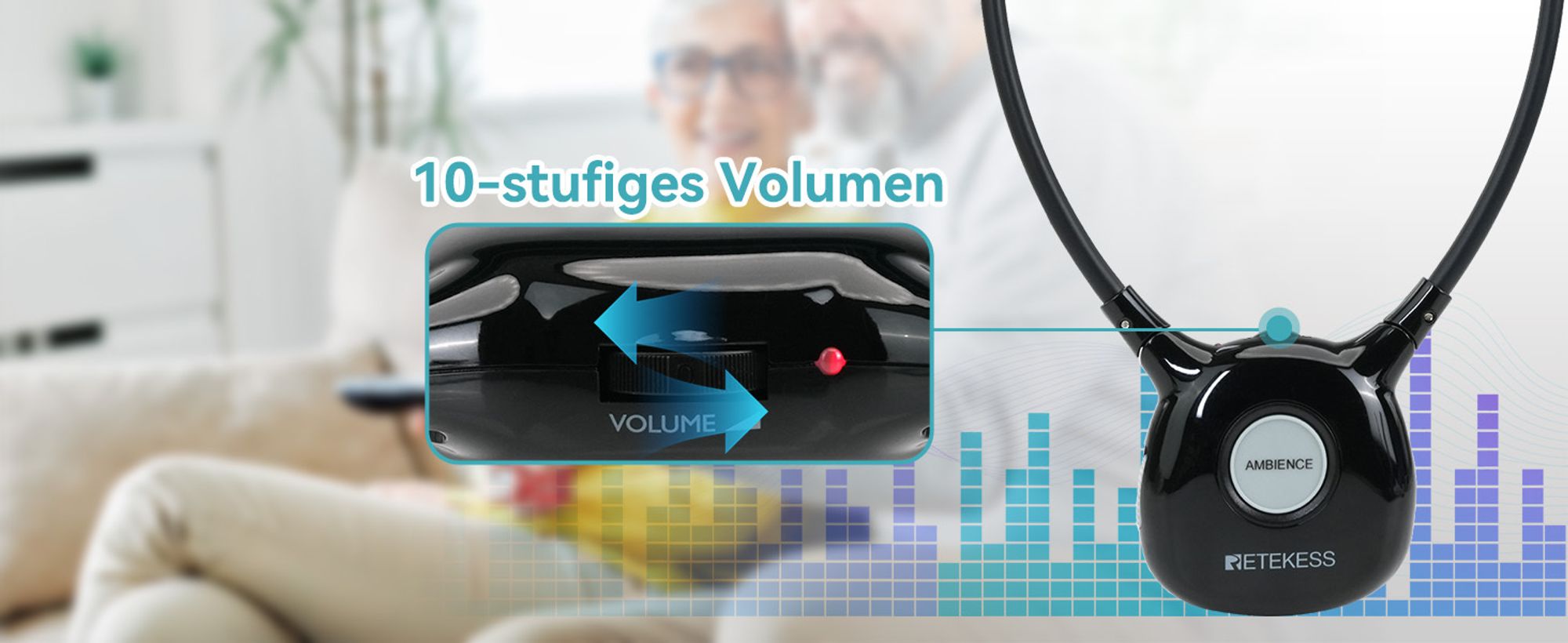 Retekess TA008 Kabellose Kopfhörer für Fernseher, Kopfhörer Tv, 2.4G Low Latancy, Ein Schlüssel-Hörverstärker, Einstellbare Dämpfung, Duale Batterie -