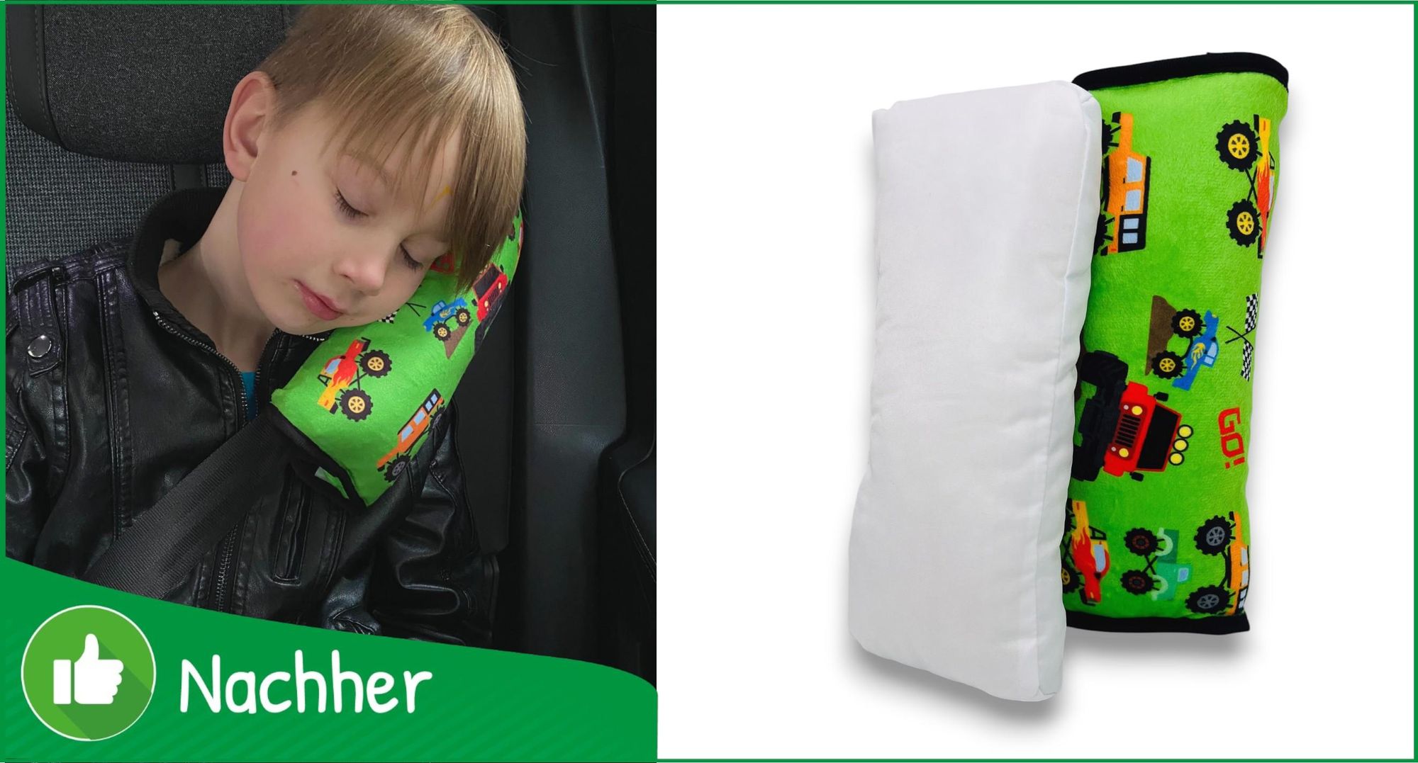 HECKBO Monster Truck Auto Schlafkissen für Kinder - maschinenwaschbar – kuschelweich hochwertiges Auto Gurtkissen, Gurtschoner, Gurtkissen, Gurtschutz, Auto Kissen, Reisekissen, Urlaub - 30cm x 12cm