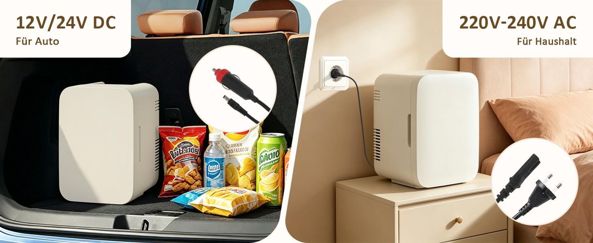 Puluomis Mini Kühlschrank 4L, 2 in 1 Warm- und Kühlbox tragbar Ultra-Leiser Auto Kühlbox (<30dB) 12V/220V /230V AC/DC für Getränkedosen, Snacks Beige