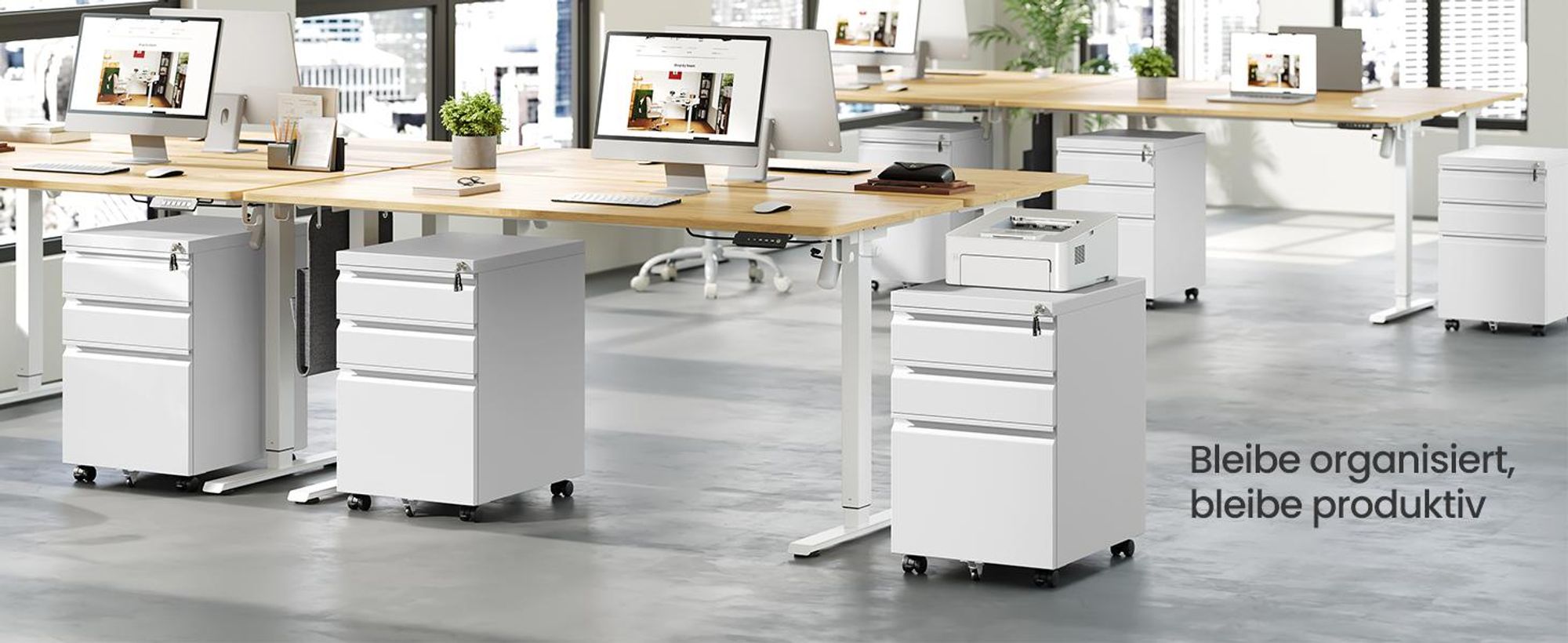 SONGMICS Büroschrank aus Stahl mit 3 Schubladen, abschließbarer Rollcontainer, für Homeoffice, Druckerständer, weiß
