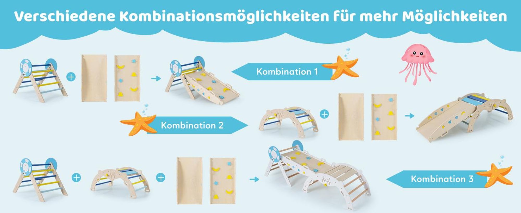 COSTWAY Klettergerüst Indoor 3er Set, klappabres Kletterdreieck mit Rutsche, Kletterbogen, doppelseitige Rampe&Baustein Set, für Kinder 1+