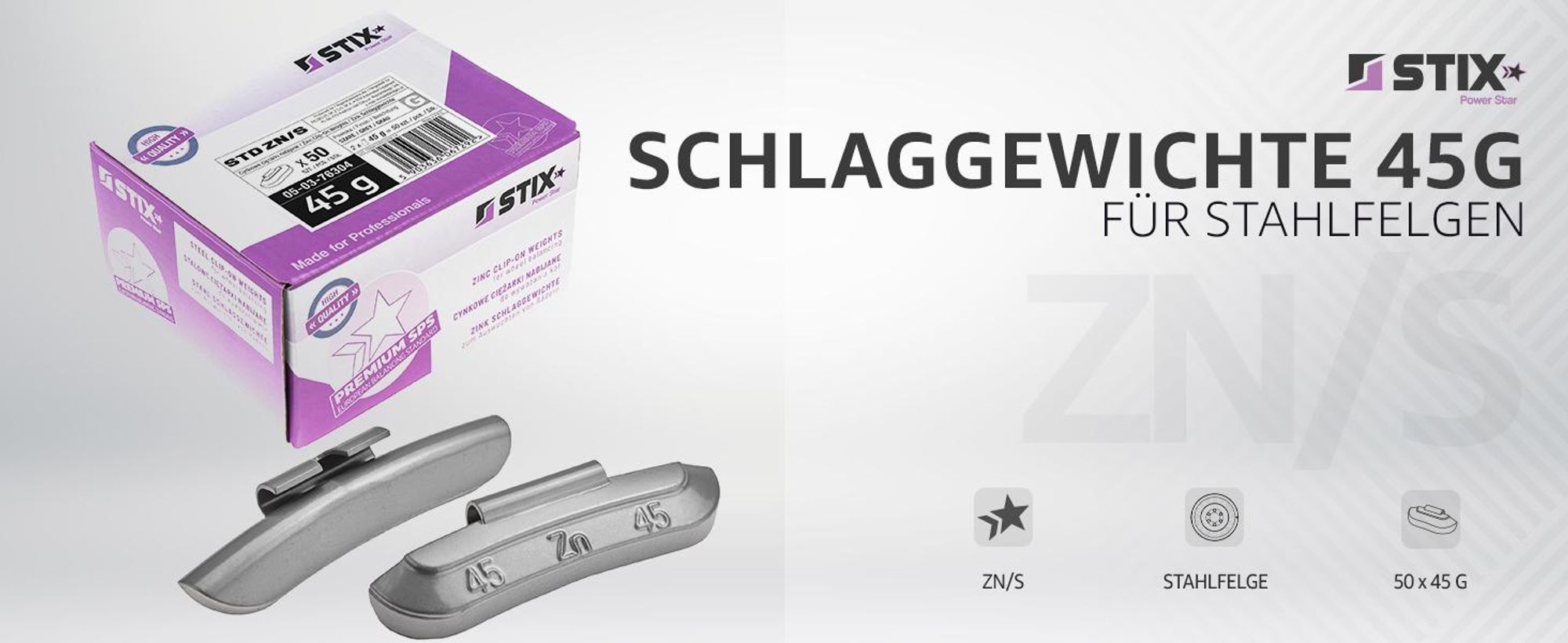 STIX ZN/S Schlaggewichte für Stahlfelgen 45g Zink beschichtet Auswuchtgewichte Wuchtgewichte Silber 50 Stück