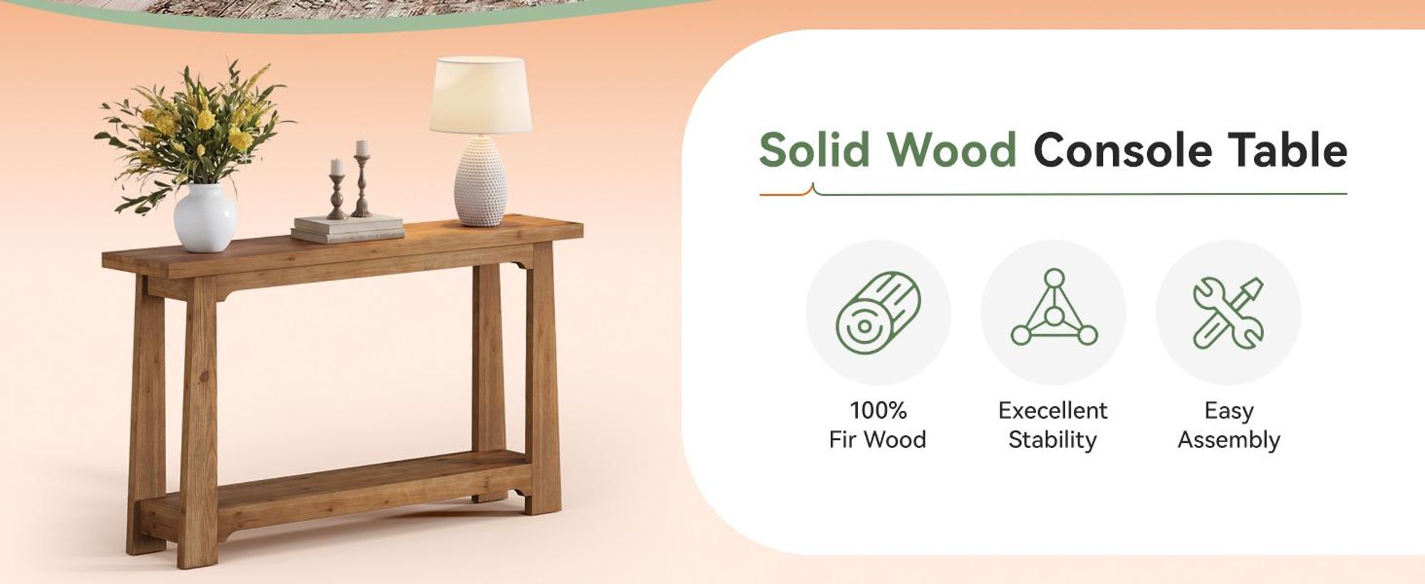 Massivholz Konsolentisch 140 cm, Schmaler Flurtisch im Landhausstil mit Ablage, Eingangstisch aus Echtem Tannenholz, Sofatisch Hinter dem Sofa