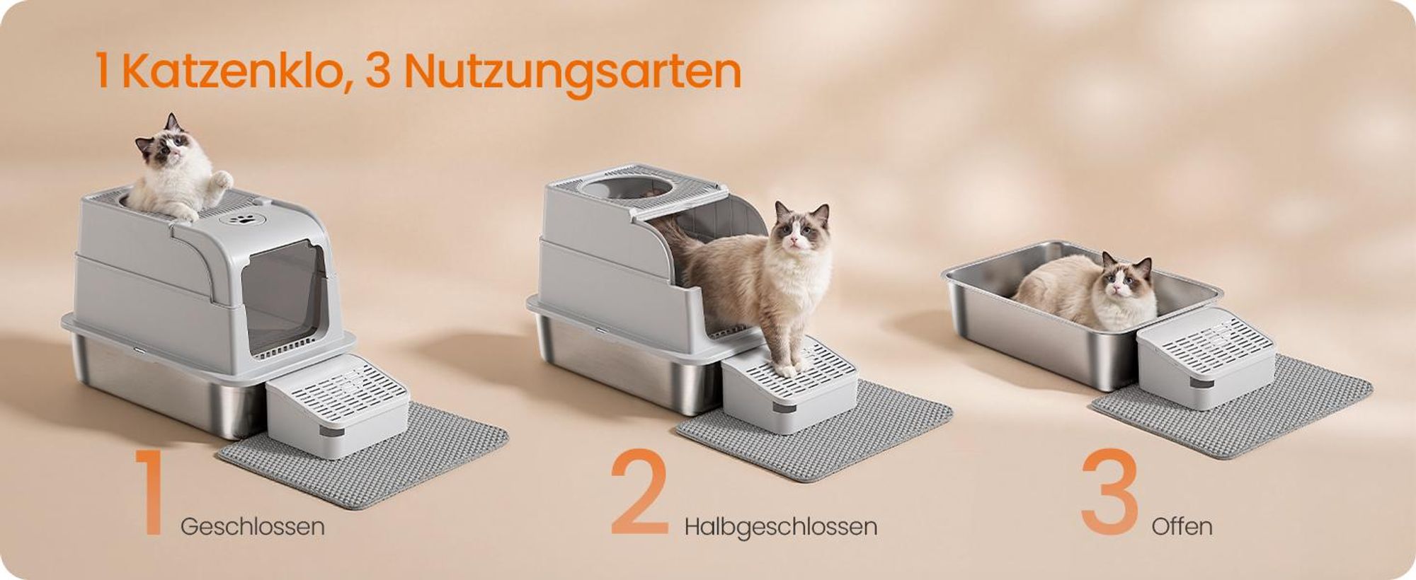 FEANDREA Katzenklo aus Edelstahl, geschlossene Katzentoilette mit Deckel und 2 Eingängen, mit Schaufel und Bürste, hellgrau