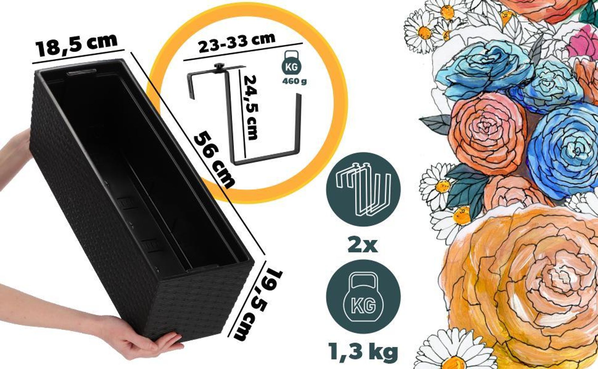 KADAX Blumentopf mit Einsatz "Murano", 56 cm, Mit Halterungen, Rattanmuster, Schwarz