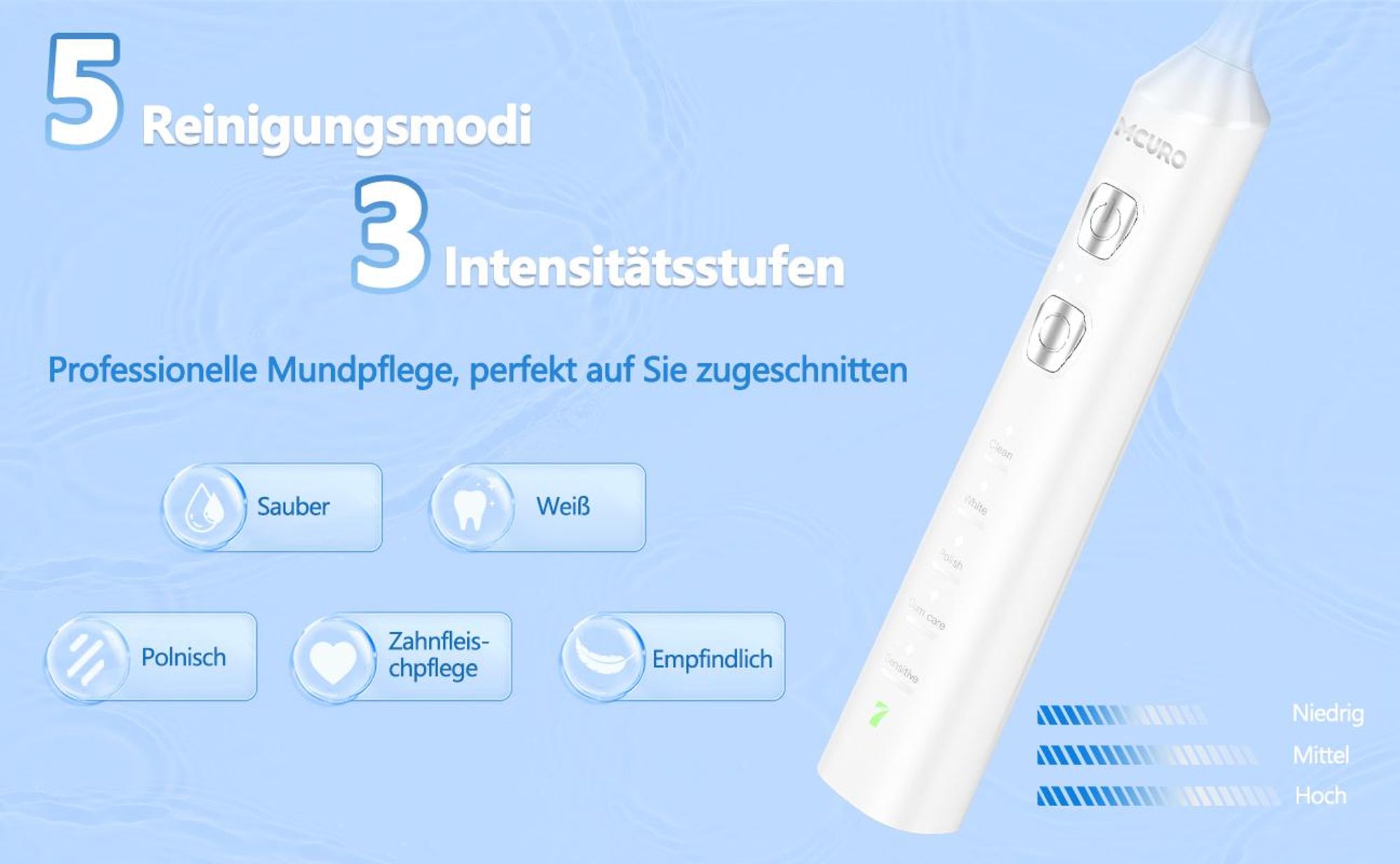 MCURO Elektrische Schallzahnbürste, 45.000 VPM, bis zu 180 Tage Akkulaufzeit, 5 Putzmodi, IPX7 wasserdicht, mit Timer & 6 Bürstenköpfen, Weiß
