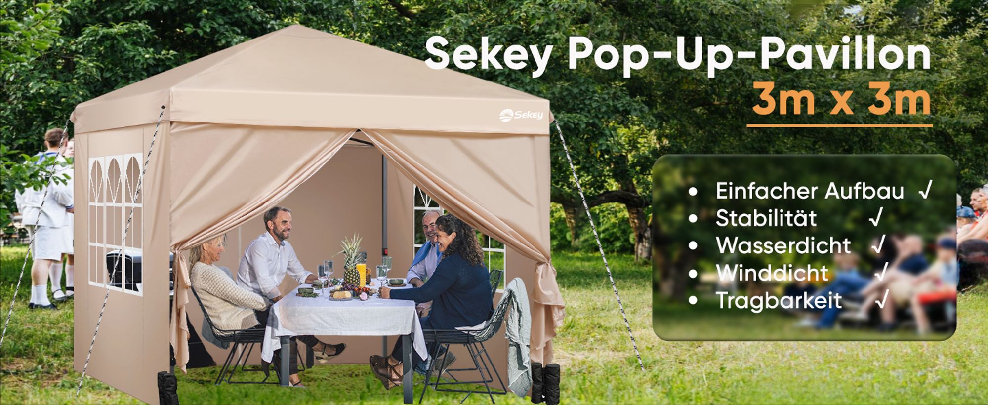 Sekey Faltpavillon 3x3 mit 4 Seitenwänden und mit 4 Sandsäcke, Wasserdicht Pop Up Pavillon für Camping, Festival, Events, Picknicks, Taupe