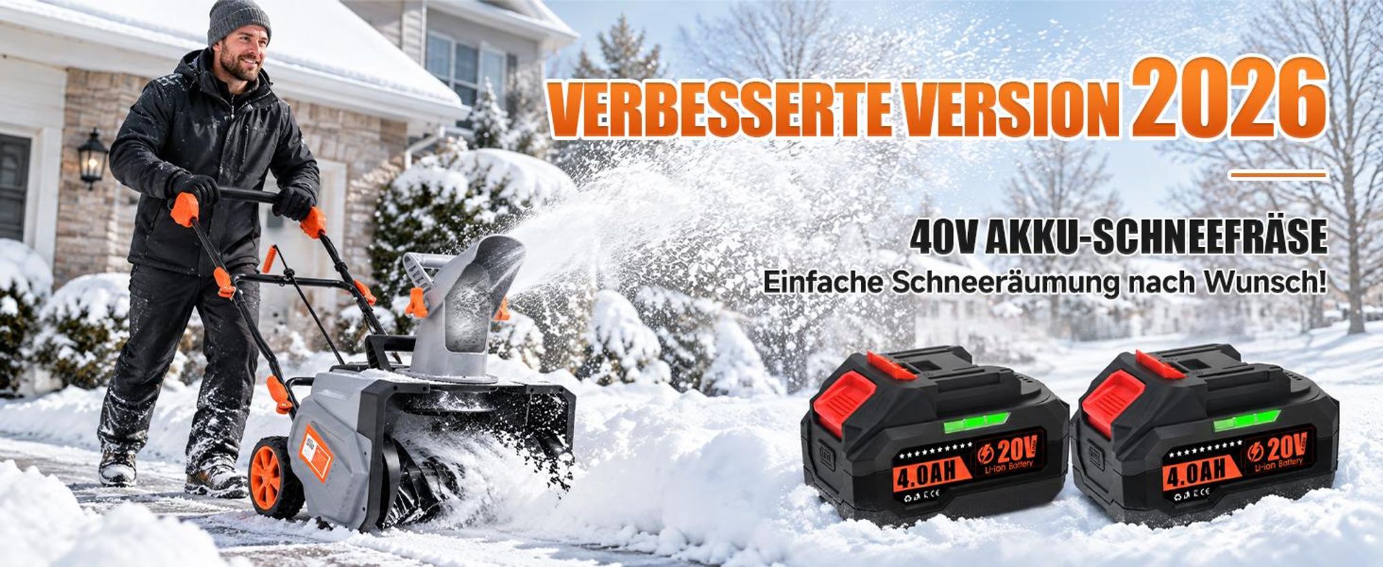 1400W Akku-Schneefräse mit 2 Akku | Brushless Motor 6500RPM | Schneeschaufel Schneeschieber 46cm Arbeitsbreite | 7m Wurfweite | 180° drehbarer