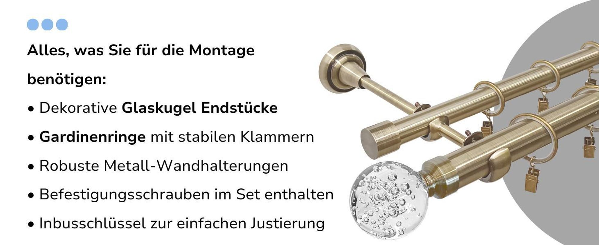 120 cm Einzelne Gardinenstange Ø 25 mm Antikgold mit Glaskugel Endstücken Einläufig Metall Vorhangstange Set