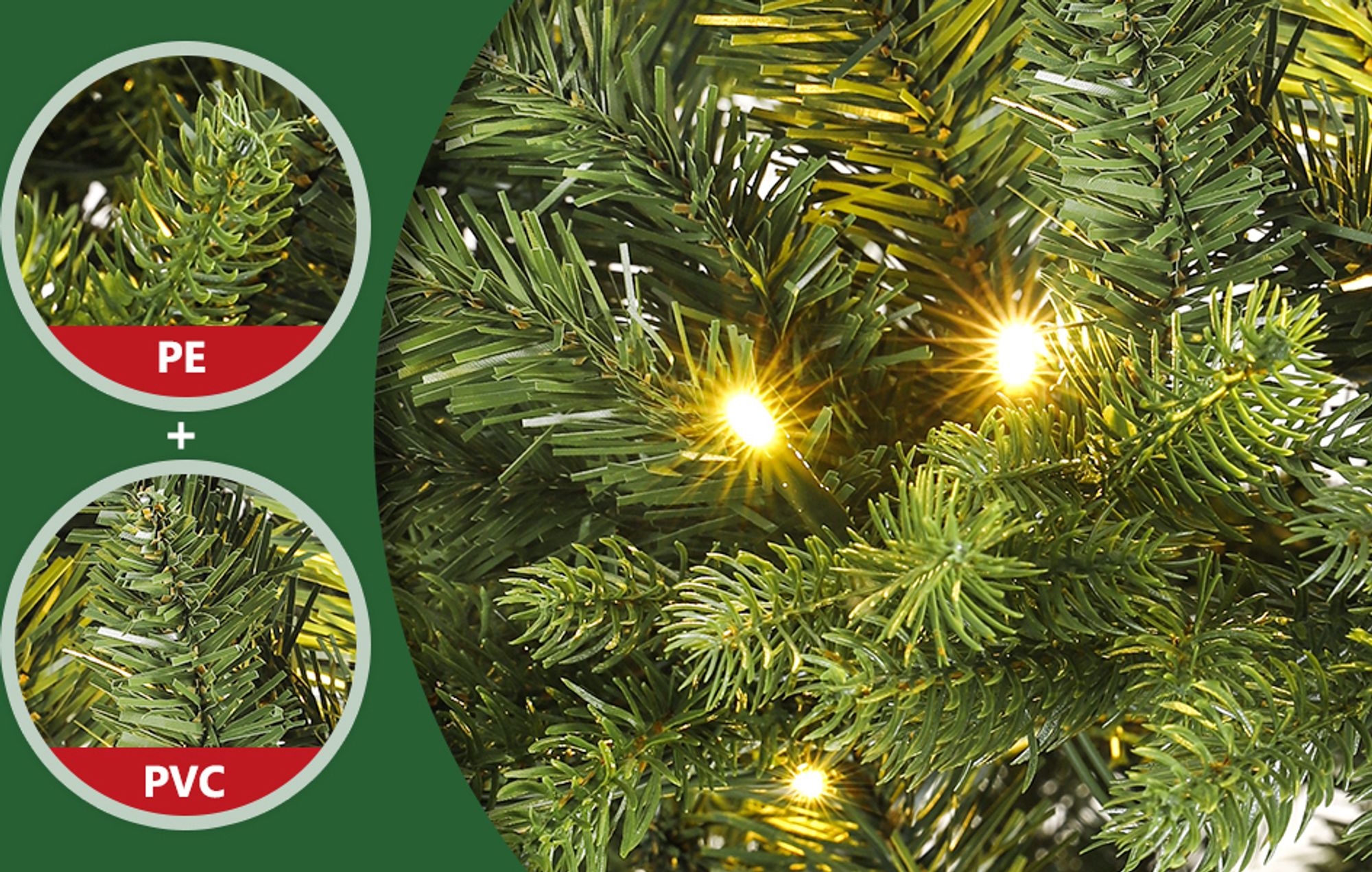 Yorbay künstlicher Weihnachtsbaum Nordmanntanne mit Beleuchtung LED Tannenbaum mit Holzständer für Weihnachten-Dekoration, aus PE und PVC, Mehrweg (210cm)