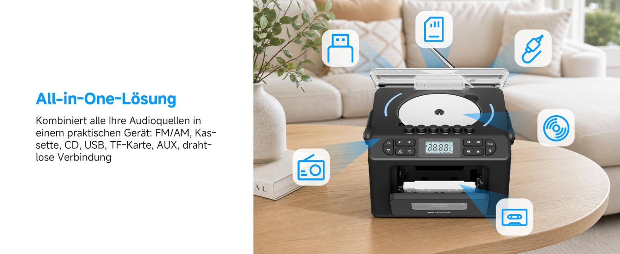 Retekess TR642 CD Player mit Kassette,3W Lautsprecher,Stereo, Bluetooth,AM/FM-Radio,AUX,5000mAh Akku,Boombox Kassettenspieler für Kinder Erwachsene