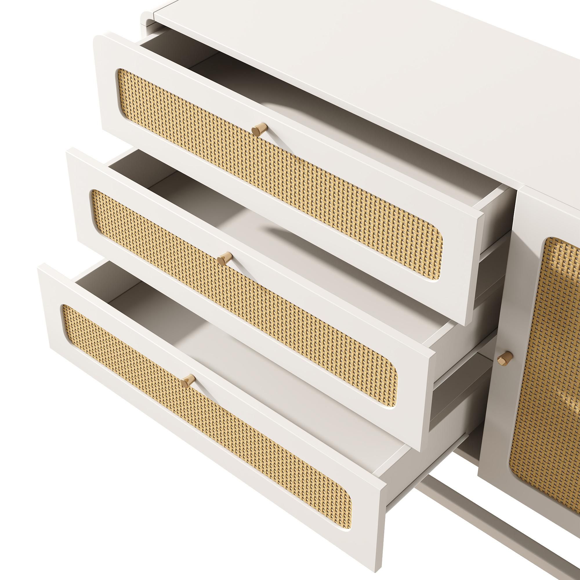 Flieks Kommode Wohnzimmerschrank Rattan mit 3 Schubladen und Tür, Sideboard Anrichte mit verstellbaren Einlegeböden, 120x40x85 cm, Weiß