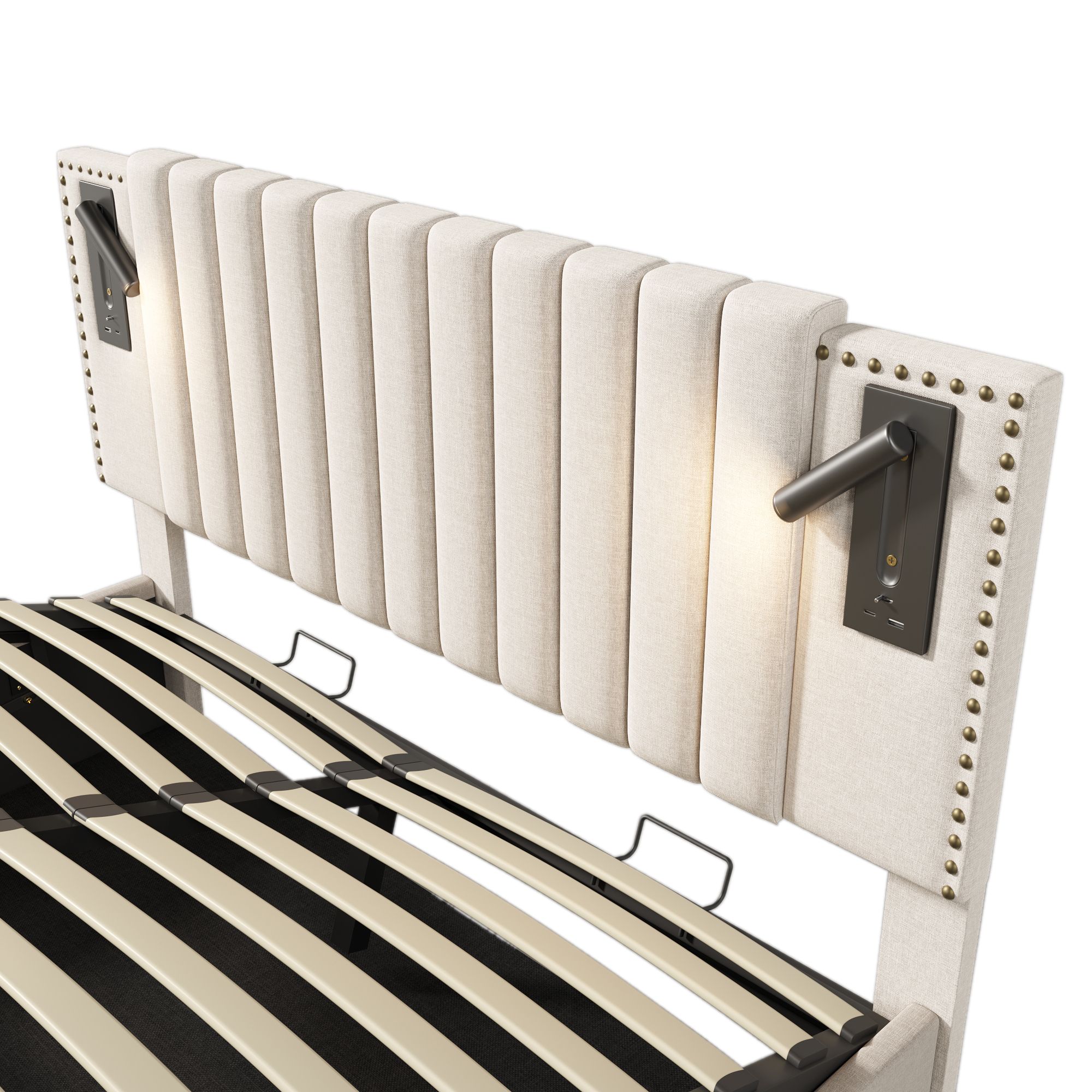 Flieks Polsterbett 180x200cm mit Leselampe, Doppelbett Stauraumbett Boxspringbett mit Ladefunktion (USB, Typ-C), Jugendbett mit Lattenrost, Baumwolle