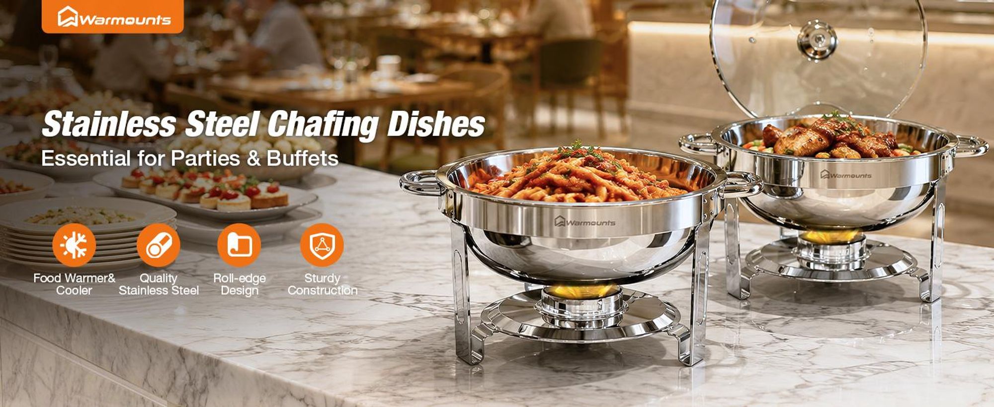 Warmounts 4er-Set Runde Chafing Dishes Buffetwärmer 4,7L mit Glasdeckel, Edelstahl poliert, Stapelbar, Deckelhalter, Speisenwärmer für Party