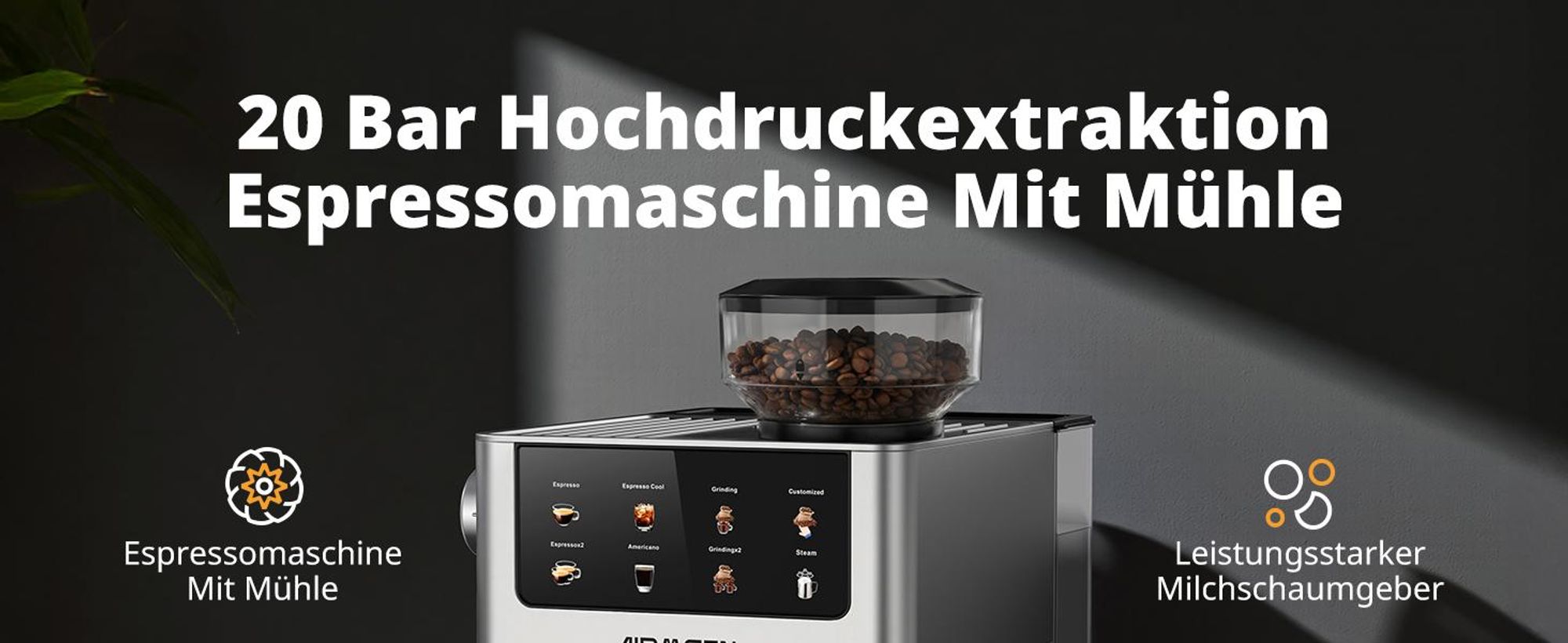 AIRMSEN Espressomaschine mit integriertem Mahlwerk, 20 Bar, Kaltbrühfunktion, individuell einstellbare Mahlgeschwindigkeit und Kaffeeflussmenge