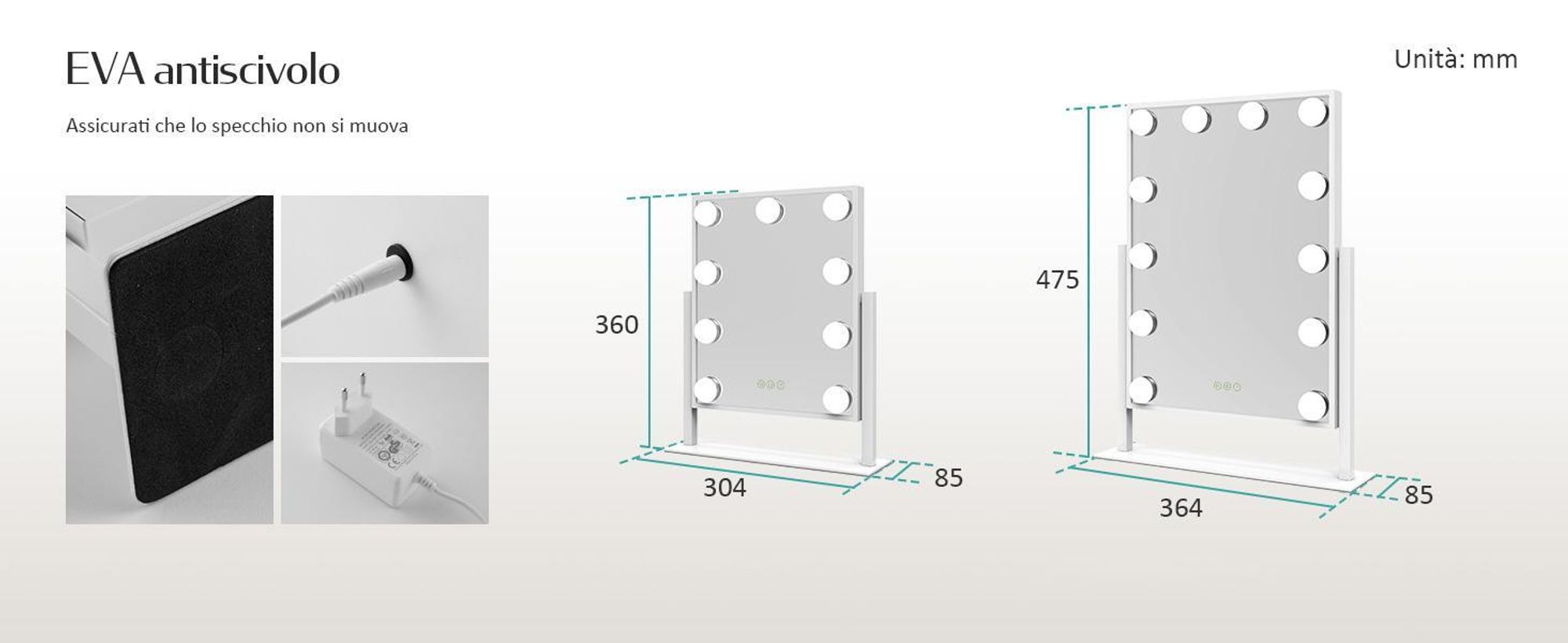 Specchio cosmetico EMKE con illuminazione a LED 47,5 x 36,5 cm Specchio per trucco Ingrandimento 7x 3 colori di luce Dimmerabile Ruotabile a 360°, bianco