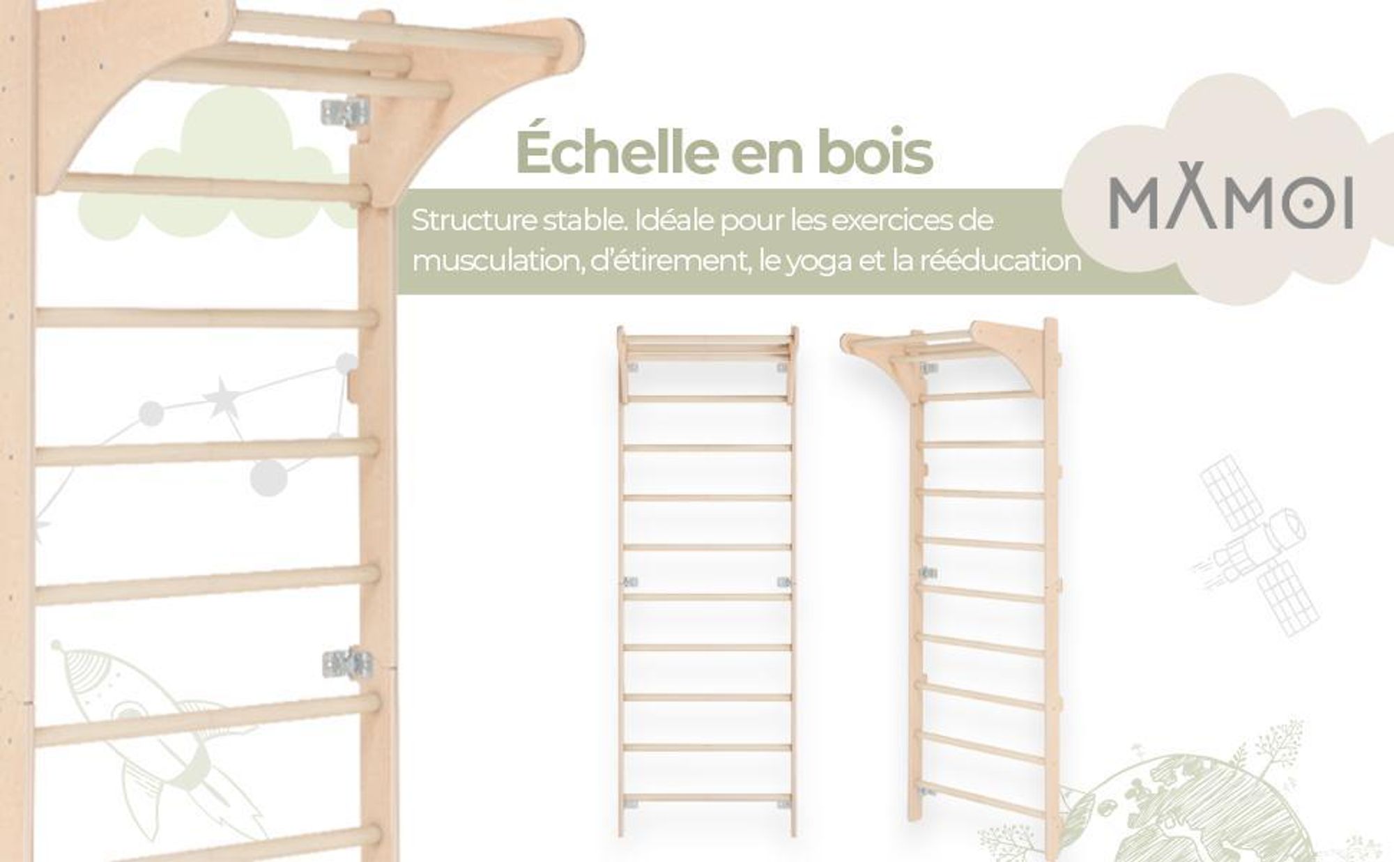 MAMOI Échelle de gymnastique murale avec poignée pour adultes - échelle d'entraînement en bois (230 cm), Équipement de fitness, Échelle multifonctionnelle