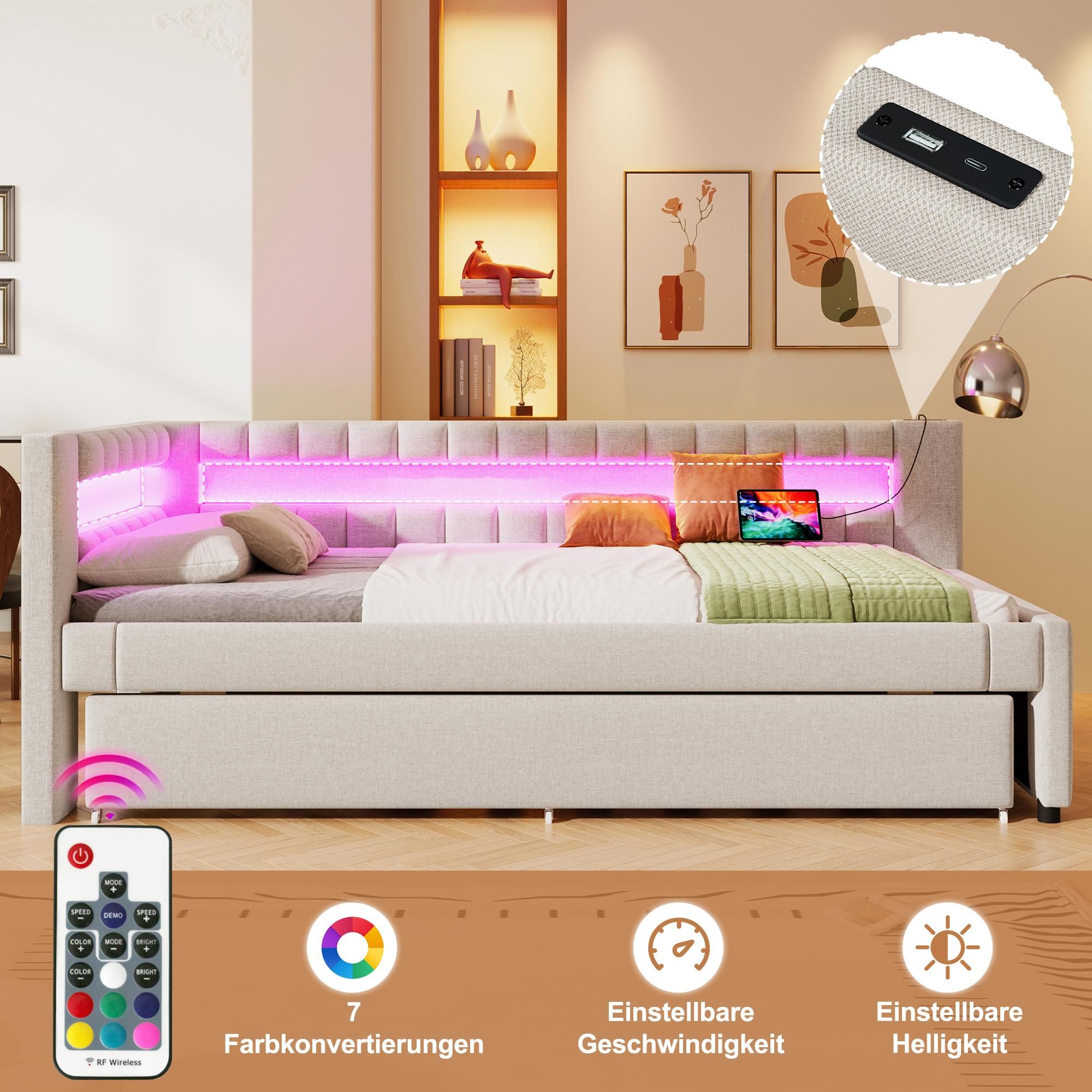 Merax Tagesbett Daybett 90x200 cm, mit Ausziehbett 90x190 cm, LED, USB und Type-C, Schlafsofa, Schlafsofa, Grau