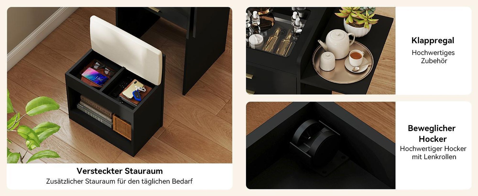 Puluomis 3-in-1 Schminktisch mit LED Beleuchtung Spiegel, Kommode mit 2 Schubladen, klappbar Brett, Hocker mit Lagerung, Nachttisch schwarz