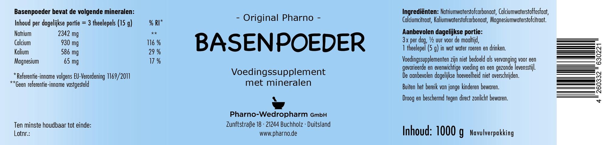 Original Pharno Basenpoeder 1000g – zonder toevoegingen, lactosevrij