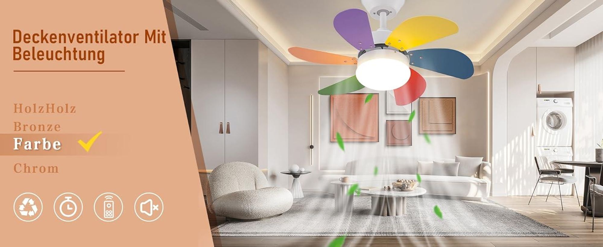 ZMH Stropní ventilátor se světlem a dálkovým ovládáním Tichý Úspora energie 6 lopatek 75 cm Časování 1H/2H/4H pro Obývací Pokoj Kuchyň