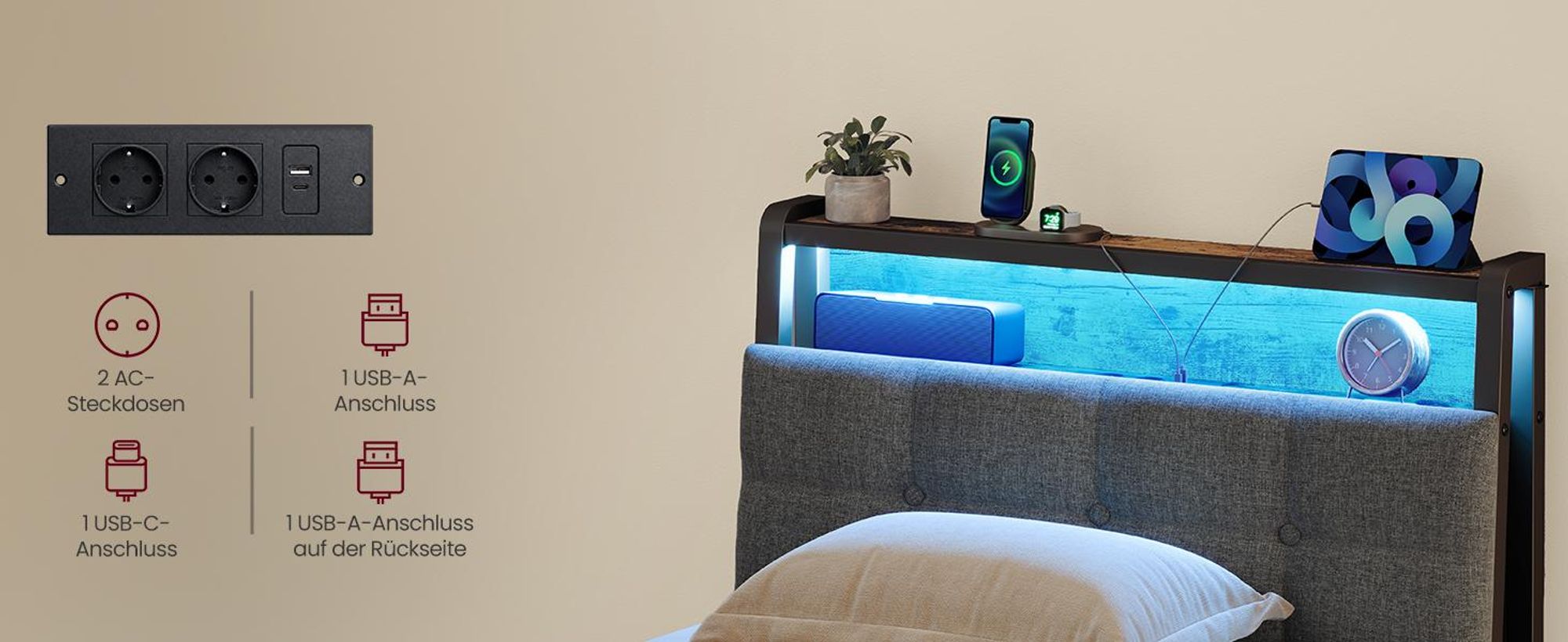 VASAGLE Bettgestell 90 x 200 cm mit Stauraum, Metallrahmen, Bett mit LED-Beleuchtung und Kopfteil, schwarz-braun