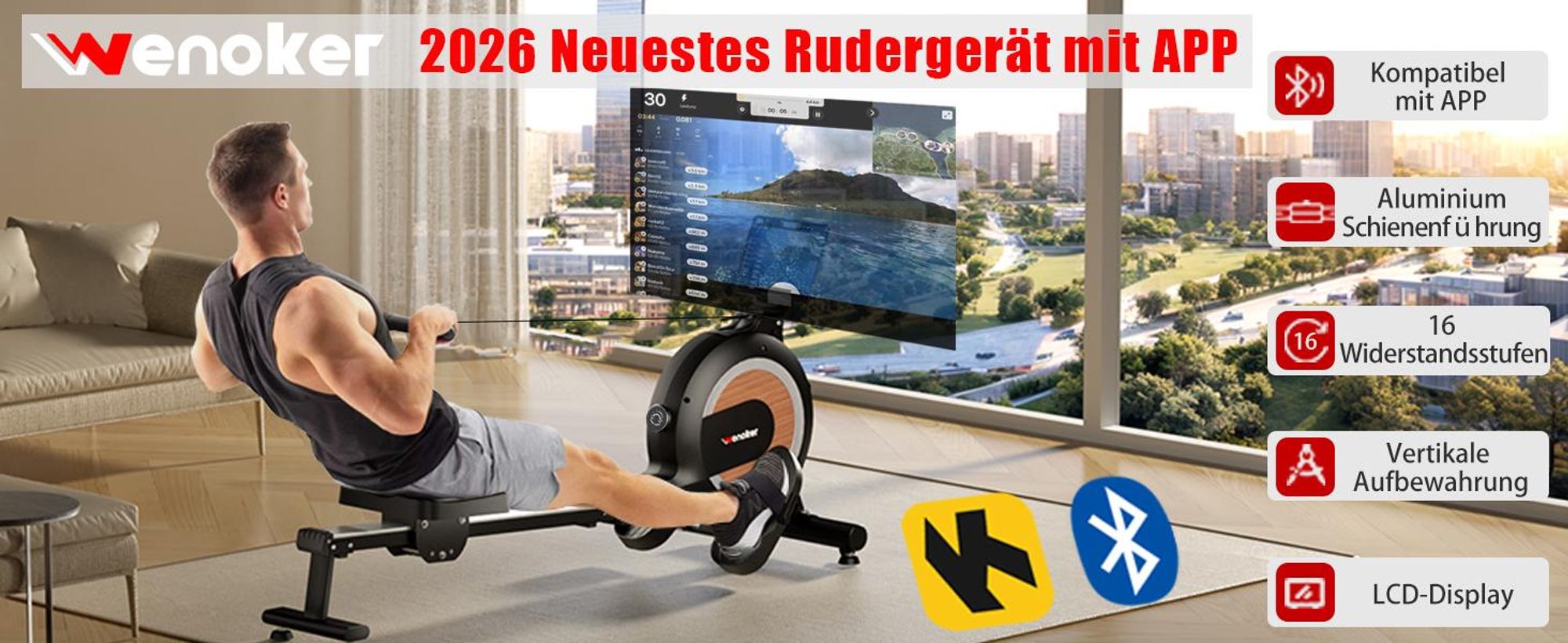 WENOKER Rudergerät mit Magnetbremse, Aluminium-Schiene, 16 Widerstandsstufen, LCD-Display, Bluetooth & Kinomap kompatibel, bis 160 kg