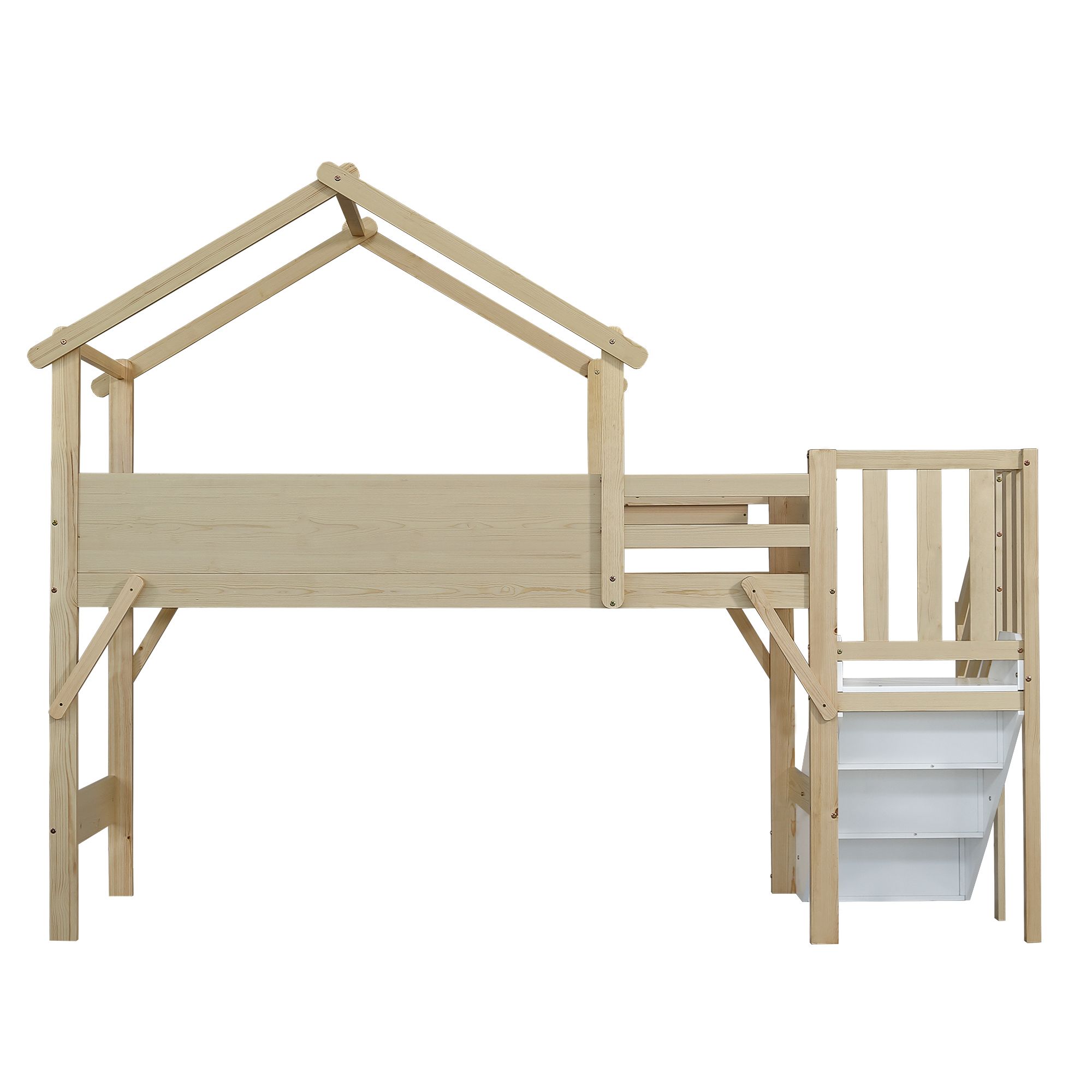 Flieks Etagenbett 90x200cm mit Kreidetafel, Kinderbett Hausbett mit Regal und Rausfallschutz, Hochbett Stockbett mit Lattenrost, Einzelbett Holzfarbe