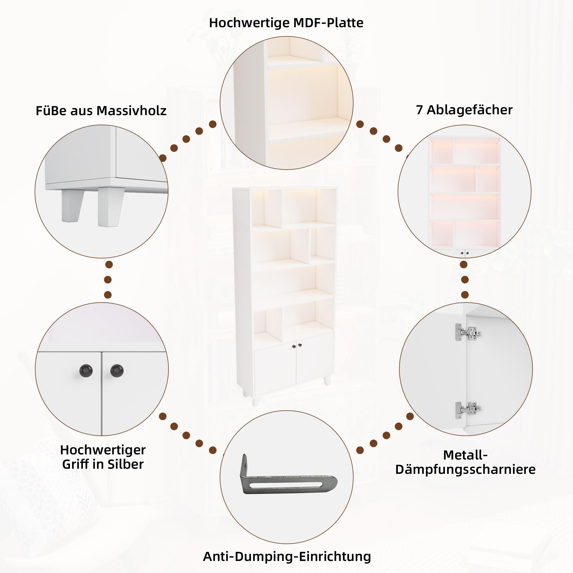 Merax Vitrinen Bücherregal mit LED-Ambientelicht & Fernbedienung, Massivholzfüße, 2 Türen, Regalfächer, Schrank Wohnzimmer, 80x30x173cm, Weiß