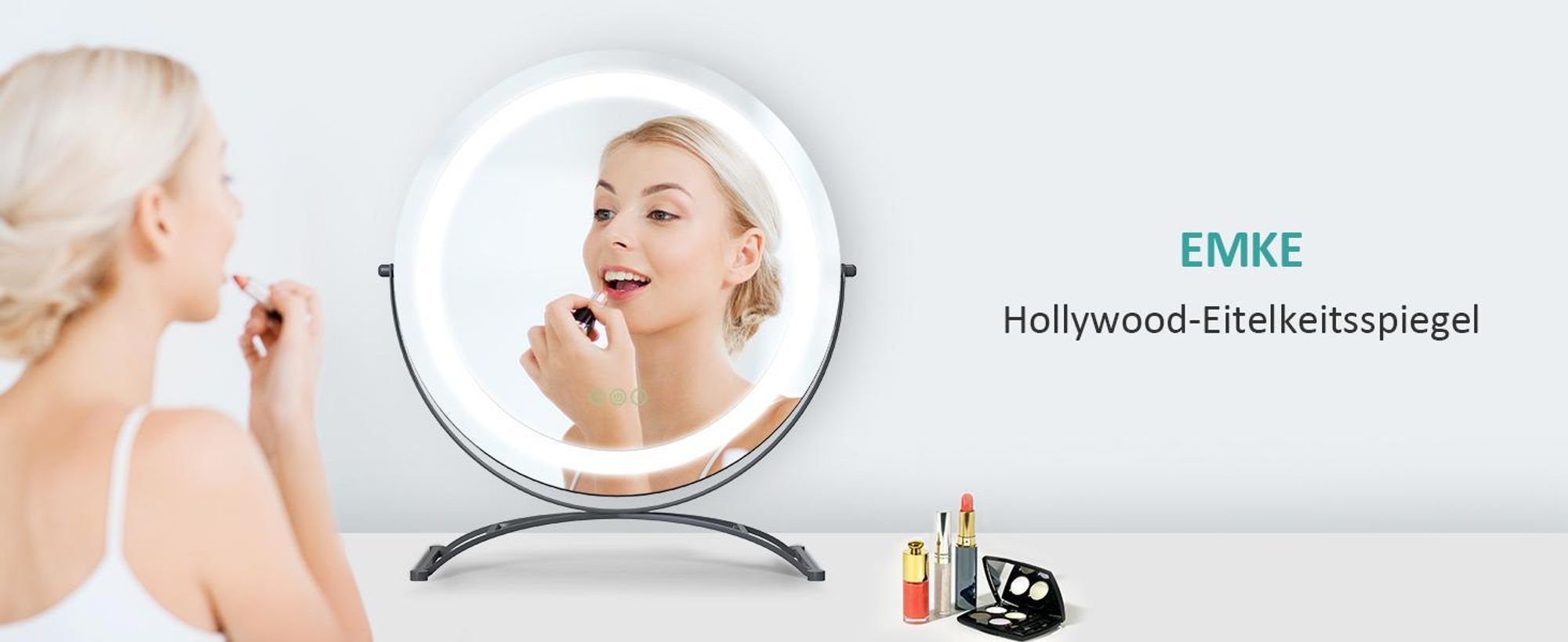 EMKE Schminkspiegel mit Beleuchtung, Hollywood Spiegel mit 3 Lichtfarben, Smart-Touch-Steuerung Schminktisch Spiegel mit Licht 360° drehbar, Einstellbare Helligkeit und Memory-Funktion (Φ400mm, Schwarz)
